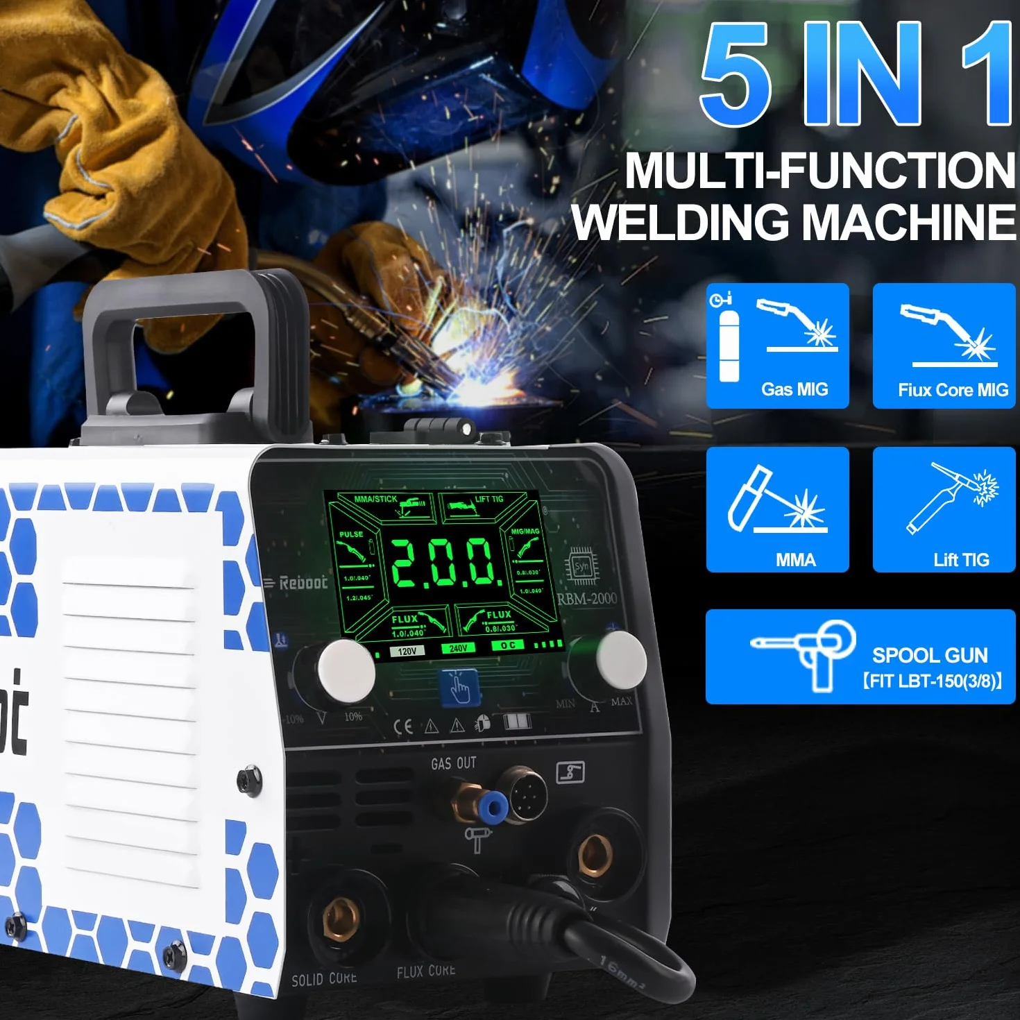 Reboot RBM2000 PRO Saldatrice MIG 200A 5 in 1 Inverter Sinergico MIG Gas/Gasless MMA Lift TIG Spot Display LED