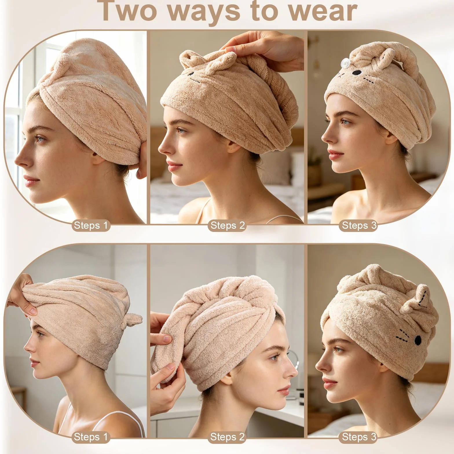 2 Pezzi Asciugamano per Capelli In Microfibra, Asciugamani da Doccia con BottoniCuffia per Capelli Secchi Super Assorbente,Asciugamani in Microfibra, Morbidi e confortevoli
