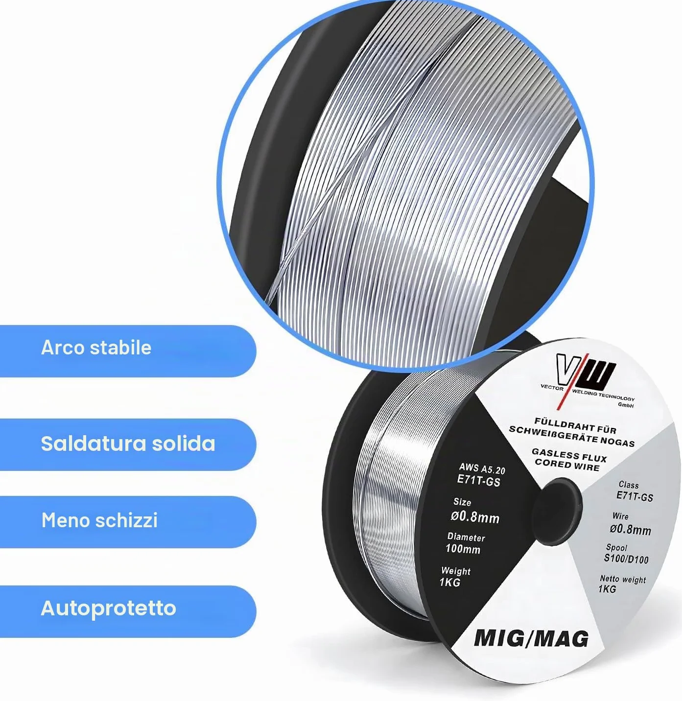 VECTOR WELDING Filo Animato E71T-GS 0,8mm 3KG Bobina MIG MAG D100 Saldatura Universale