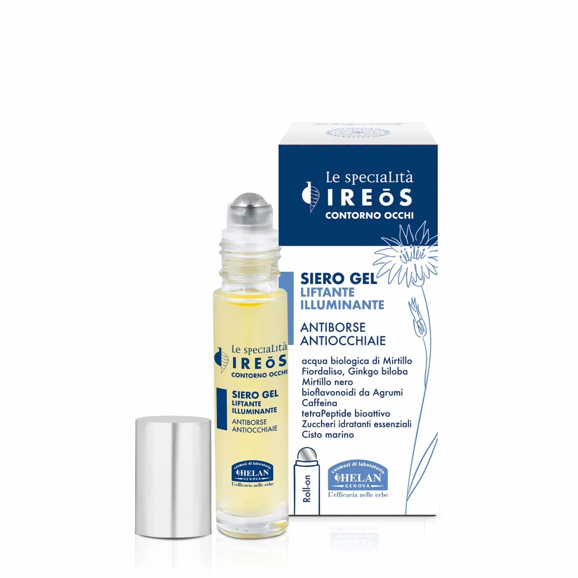 Helan, IREOS - Contorno Occhi Occhiaie Effetto Lifting, Siero Contorno Occhi e Borse Sgonfiante in Formula Gel con Fresco Roll On in Acciaio - Prodotto Skincare Illuminante Antiage con Caffeina, 10 ml