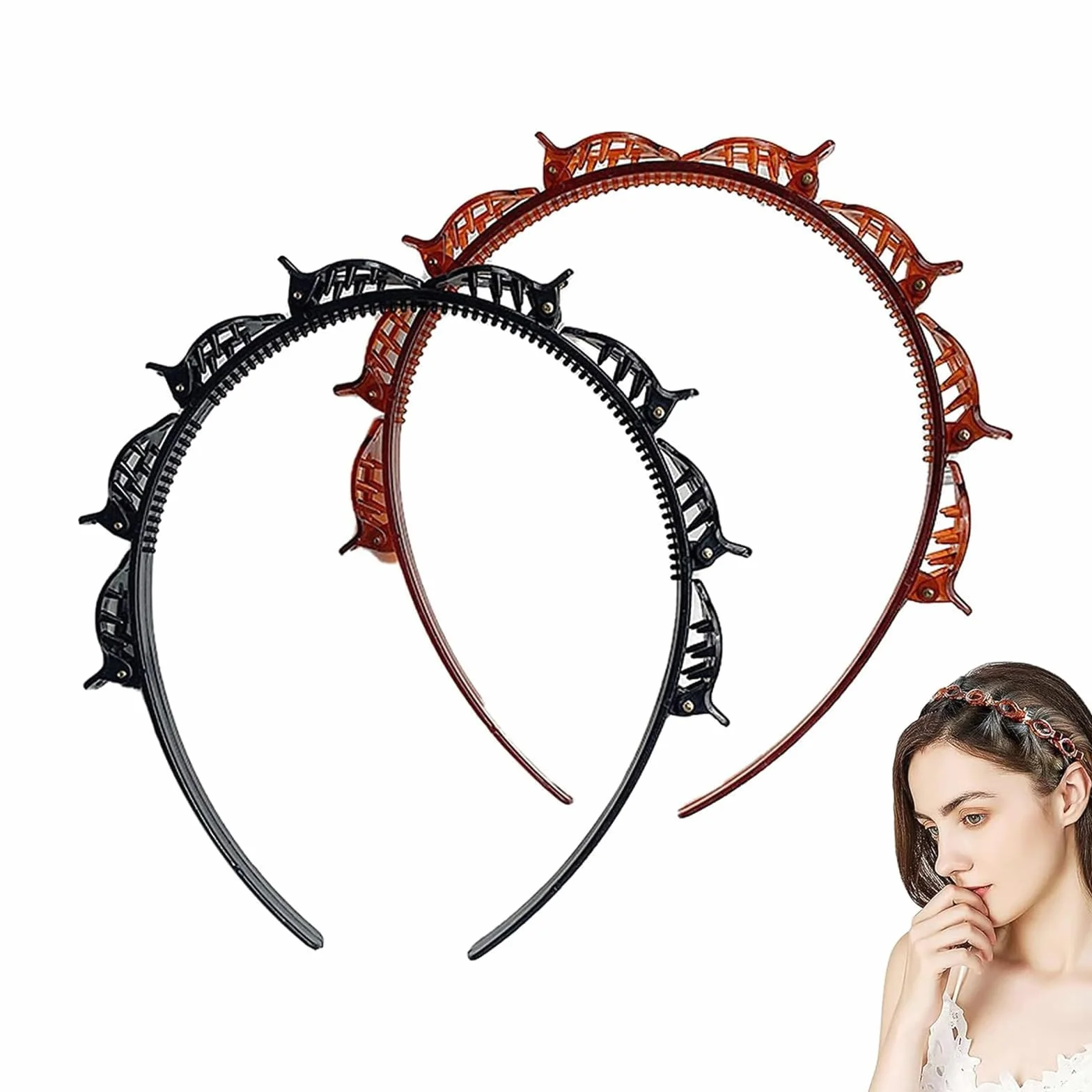 2 Cerchietti per Capelli con Fermagli, Forcina per Capelli a Doppia Frangia, Cerchietto con Clip a Forcina, Fermagli per Capello Intrecciati