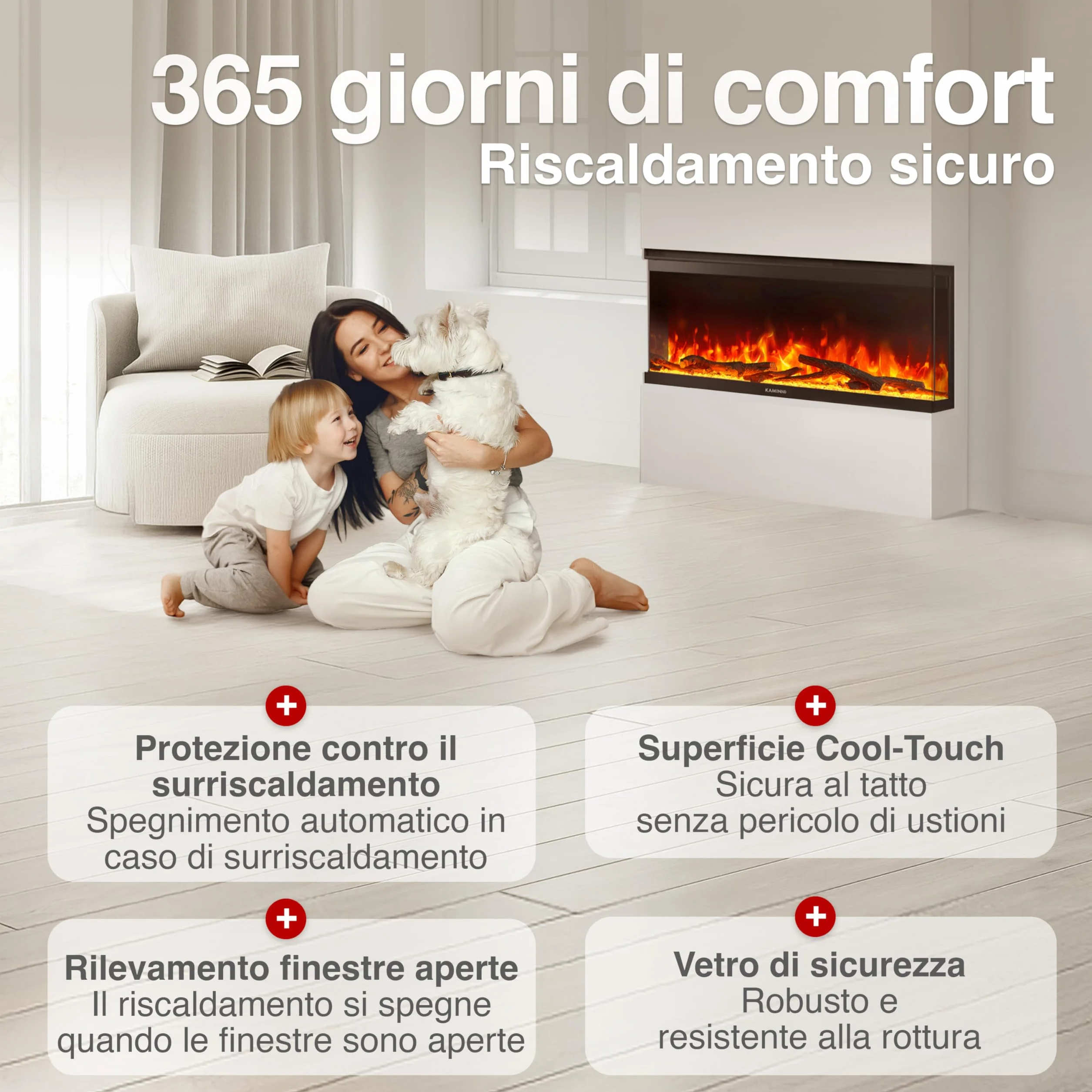 KAMINIO Camino elettrico LEA 3-in-1 con vista panoramica, riscaldamento, effetto fiamma 3D, 12 colori, telecomando 36 pollici