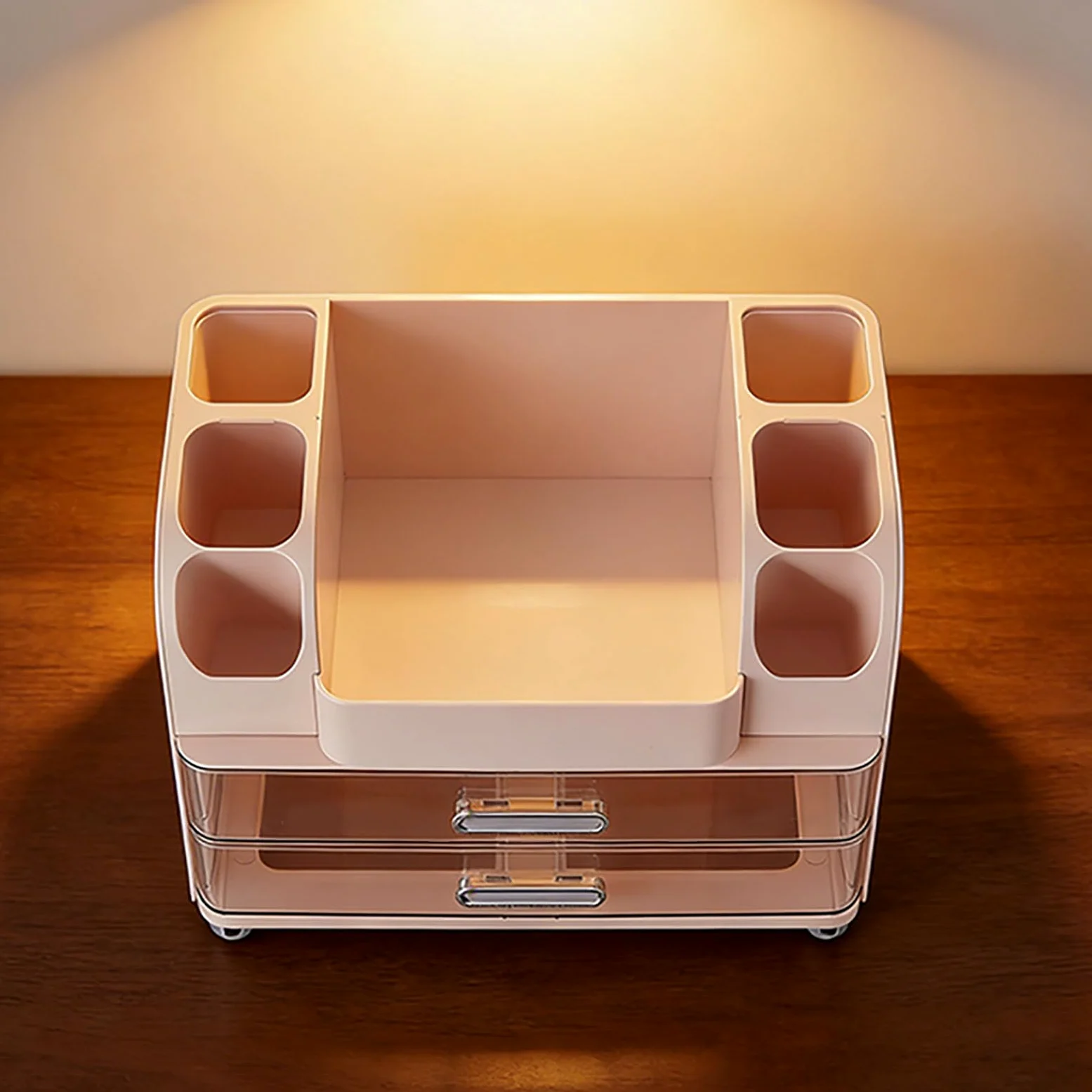 banapoy Organizer per Trucco, Vetrina Cosmetica Impermeabile di Grande capacità, Organizer da Appoggio con Cassetti e Scomparti per Pennelli per Trucco Rossetto Cura della Pelle (Roseo)