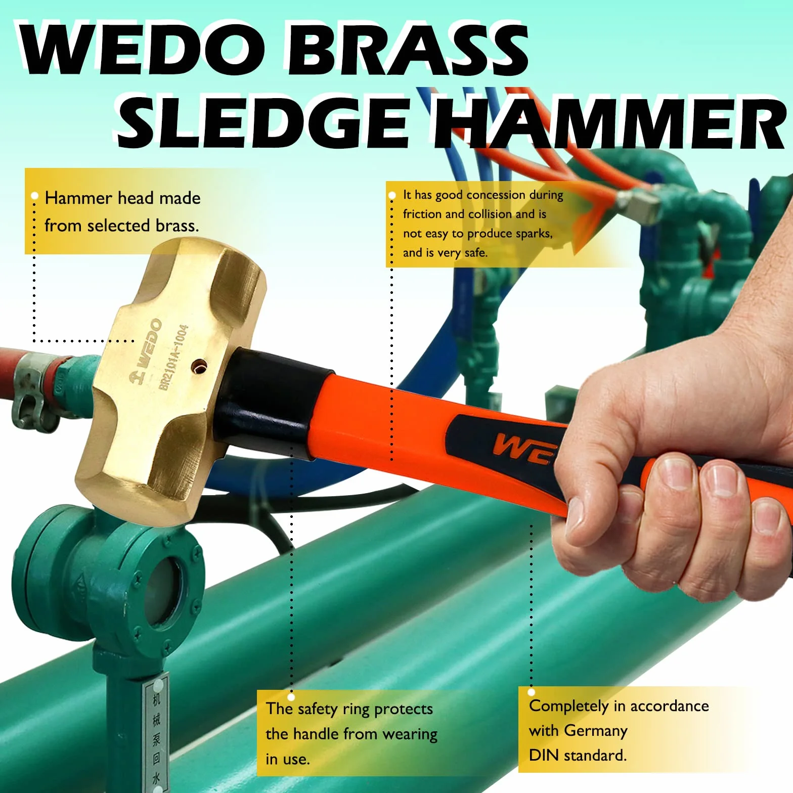 WEDO Martello in ottone con manico in fibra di vetro, non magnetico, 1 libbra, 300 mm, 12 pollici