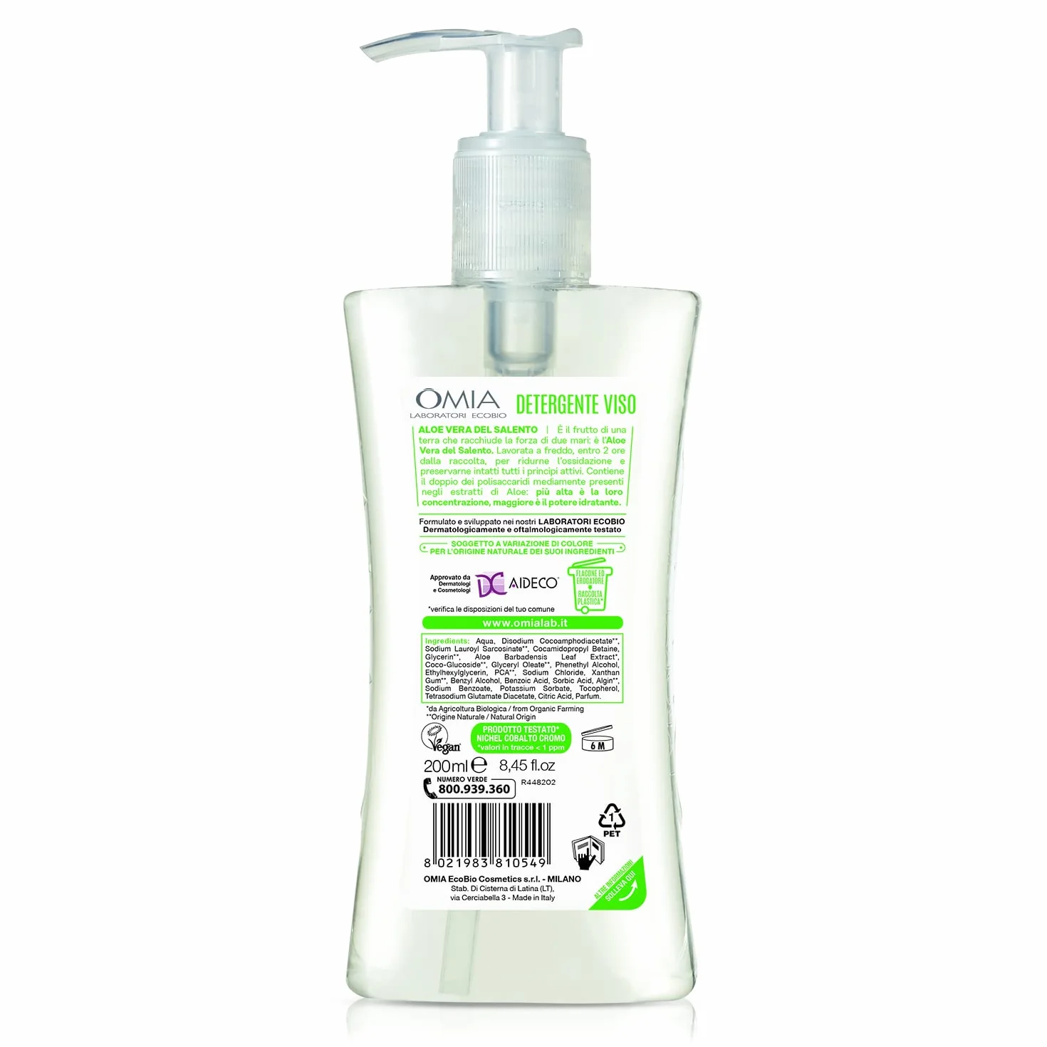 Omia - Detergente Viso Aloe Vera del Salento Eco Bio, Struccante Idratante, Equilibrante, Adatto a Tutti i Tipi di Pelle, Dermatologicamente Testato.