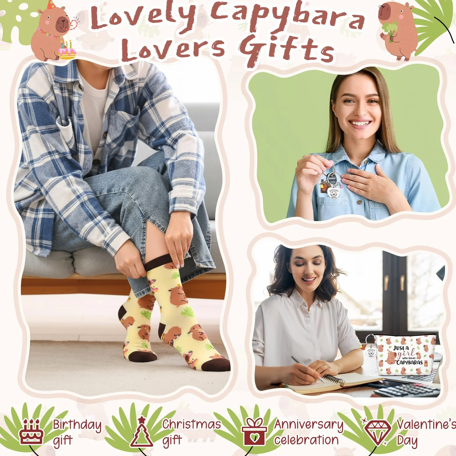 Xuniea Set Regalo Capibara 3 Pezzi - Pochette Trucco, Portachiavi e Calzini con Scritta "Just a Girl Who Loves Capybaras" - Idea Regalo Natale, Compleanno per Amanti degli Animali, Amici, Colleghi
