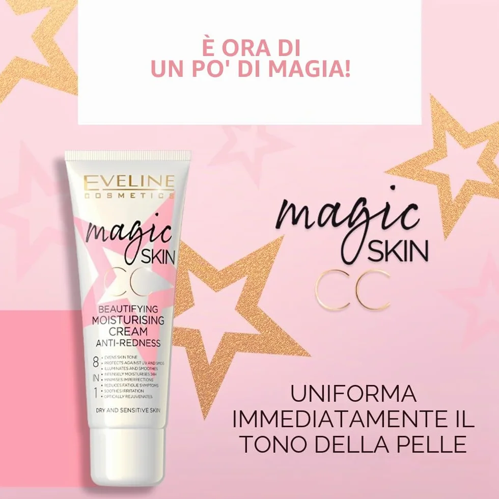 Eveline Cosmetics Magic Skin CC Crema di Bellezza Idratante per Rossori 8-in-1 con Acido Ialuronico e Vitamina E, 50ml