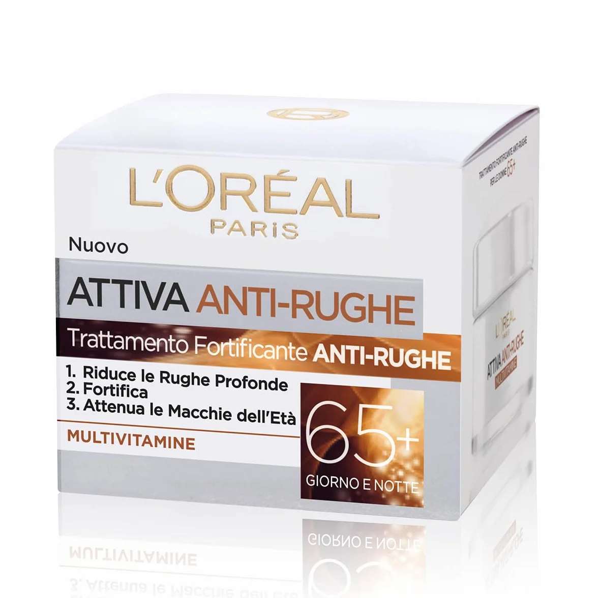 L'Oréal Paris Crema Viso trattamento nutriente giorno Attiva Anti-Rughe, Trattamento Fortificante 65+ con Multivitamine, Adatto a Pelli Mature, 50 ml