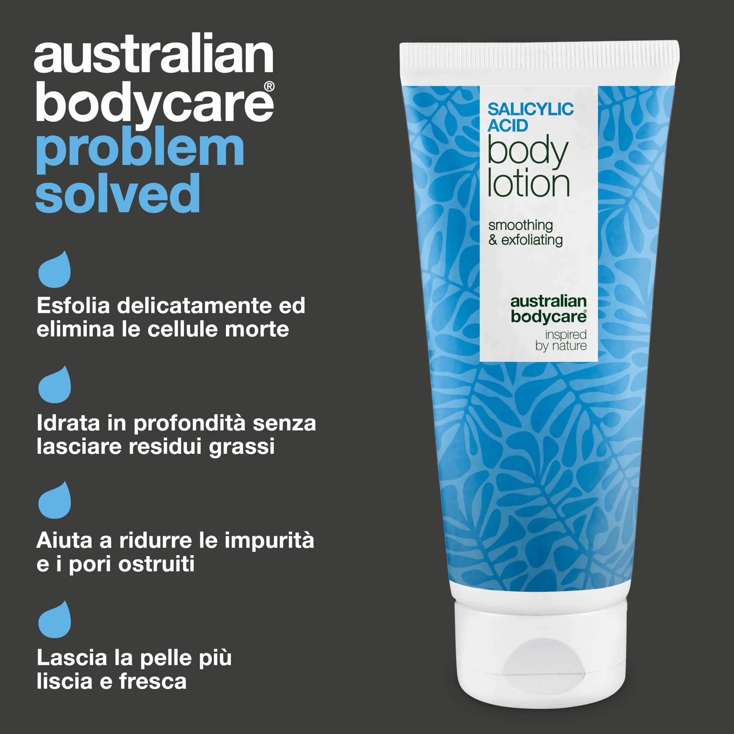 Lozione corpo con acido salicilico (200 ml) – per imperfezioni, pelle secca e grassa. Con BHA, niacinamide e acido ialuronico per esfoliare e idratare