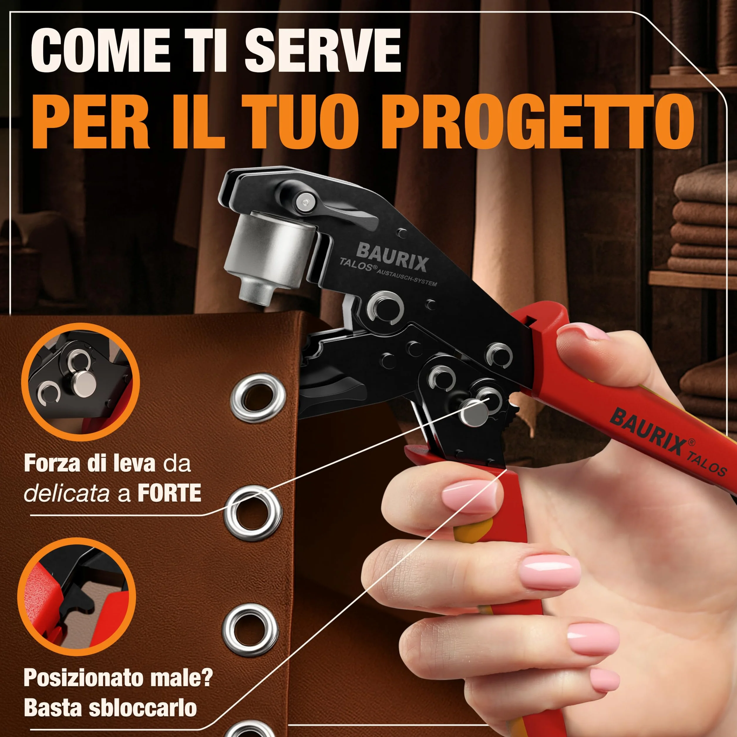 BAURIX Pinza Occhielli con 200 Occhielli Ø10 mm per Telo Stoffa Pelle Tessuti Autopunzante Senza Foro TALOS