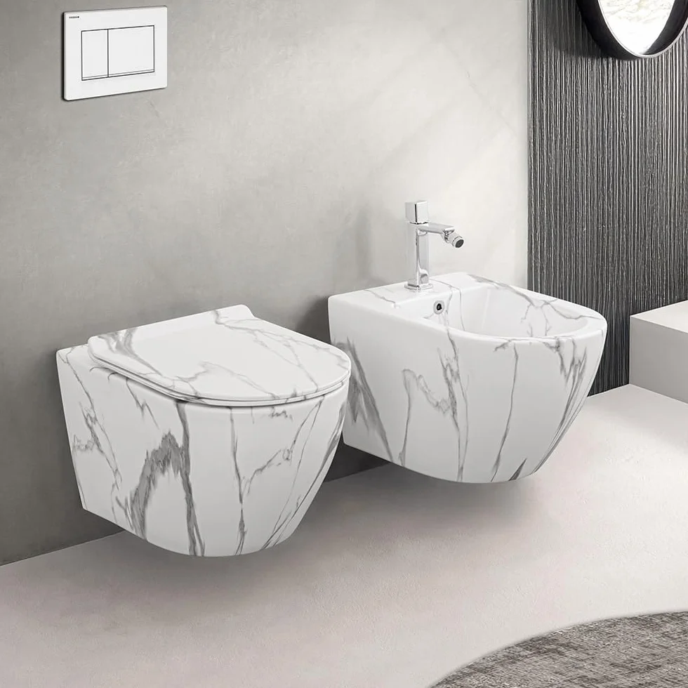 Set Sanitari Sospesi Rimless Ceramica Effetto Marmorizzato Bianco Linea Tokyo L 36 x P 55 x H 33 cm Sedile Soft-Close