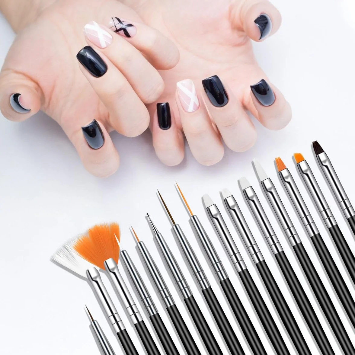 Nail Art Pennelli Unghie, 15 Pezzi Pennelli Unghie Gel e 5 Pezzi Dotter per DIY Disegno Decorazioni, Pennelli Nail Art Professionali per Disegnare DipingereLlinee e Fiori, Nero