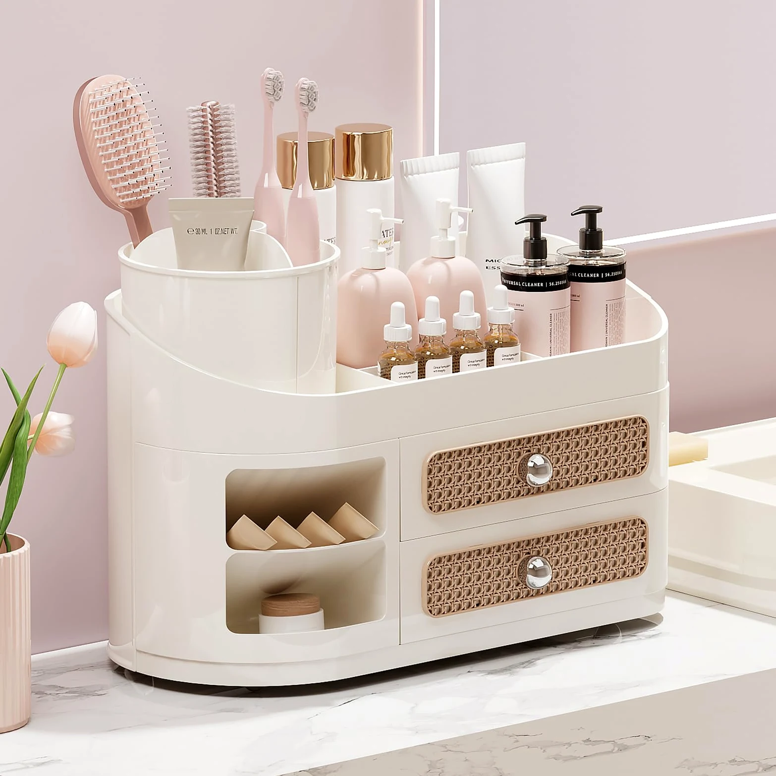 UFORU Organizer per trucchi da toeletta con porta pennelli rotante, organizer per la cura della pelle con 2 cassetti, spaziosa vetrina per profumi, palette di ombretti, smalti per unghie