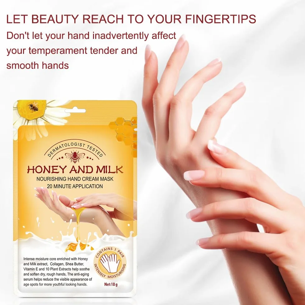 Maschera Per Le Mani Guanti, 5 Paia Maschera Idratanti Per Mani Esfoliante al Miele con Estratti Vegetali Naturali, Collagene, Sbiancanti e Antietà, Riparazione Della Pelle Ruvida (Miele e latte)