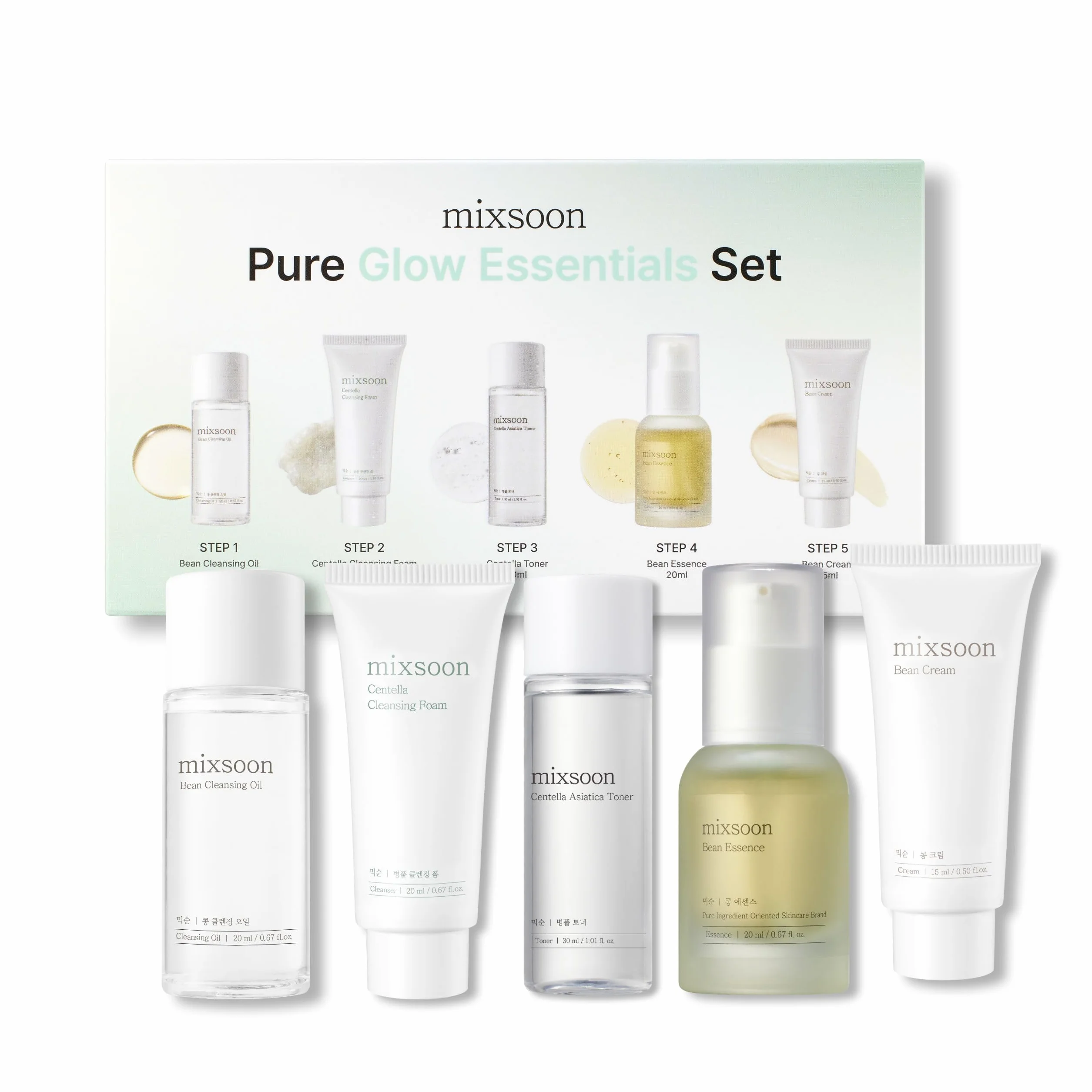 mixsoon Pure Glow Essentials Set - Routine Coreana Glass Skin in 5 Step per Pelli Sensibili, Kit Skincare Idratante con Centella e Acido Ialuronico, 5 Articoli