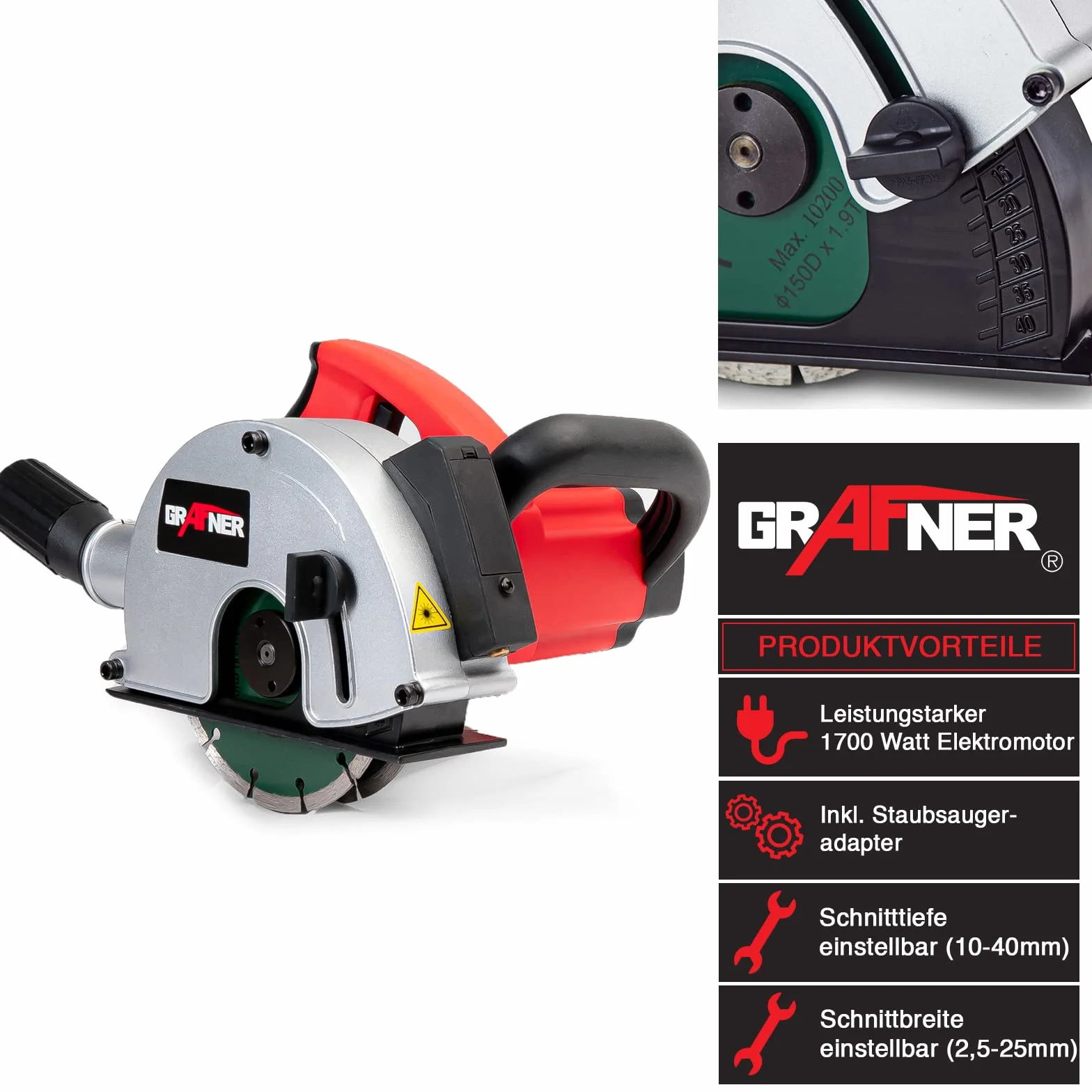 Grafner Fresa a muro 1700 Watt 4000 giri/min Ø 150 mm larghezza scanalatura 14-29 mm profondità 10-40 mm