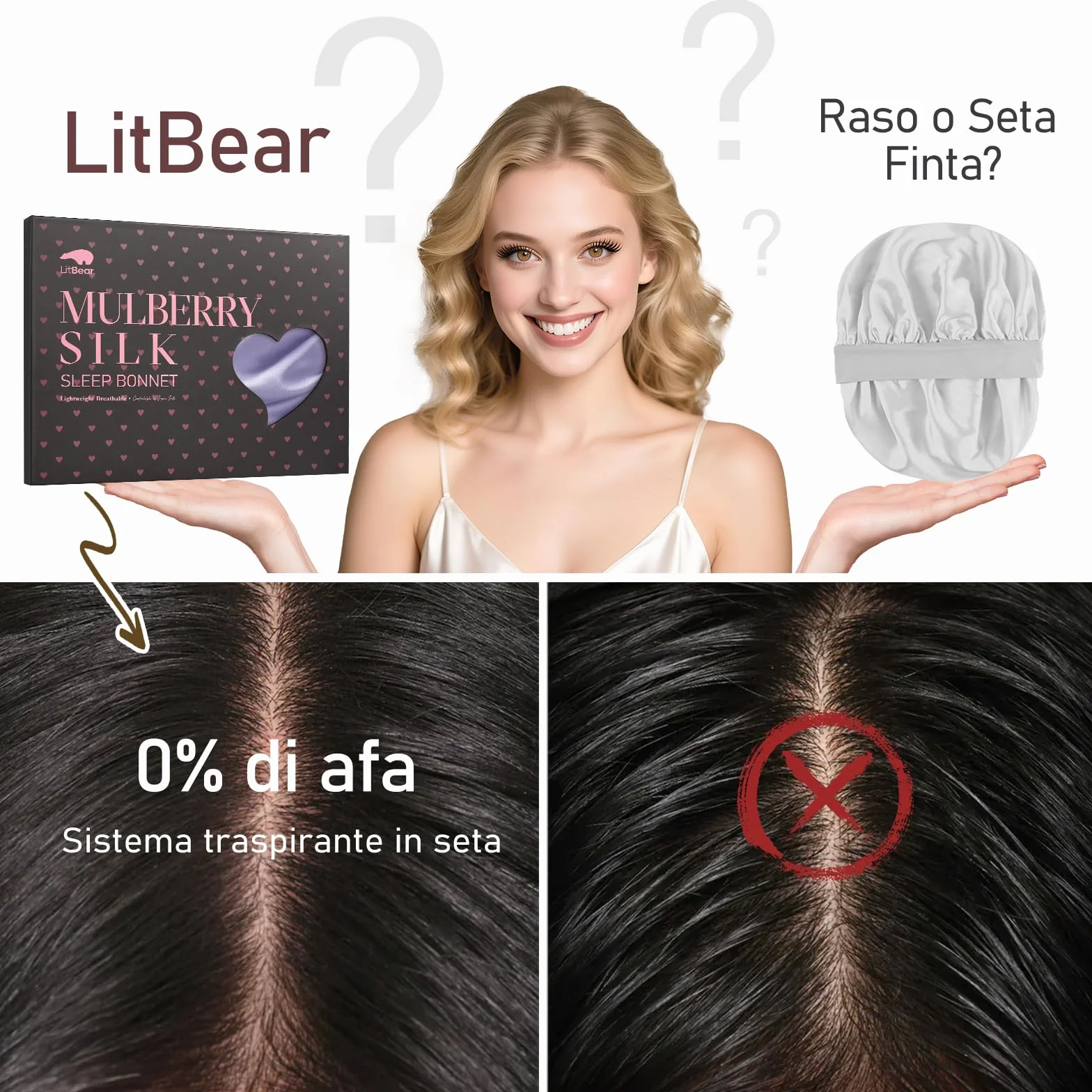 LitBear 22 Momme - Cuffia in Seta per Dormire, 100% Seta di gelso, 100% Silk Bonnet con Fascia Elastica, Traspirante e Regolabile per Capelli Ricci, Colore: Rosa., 61