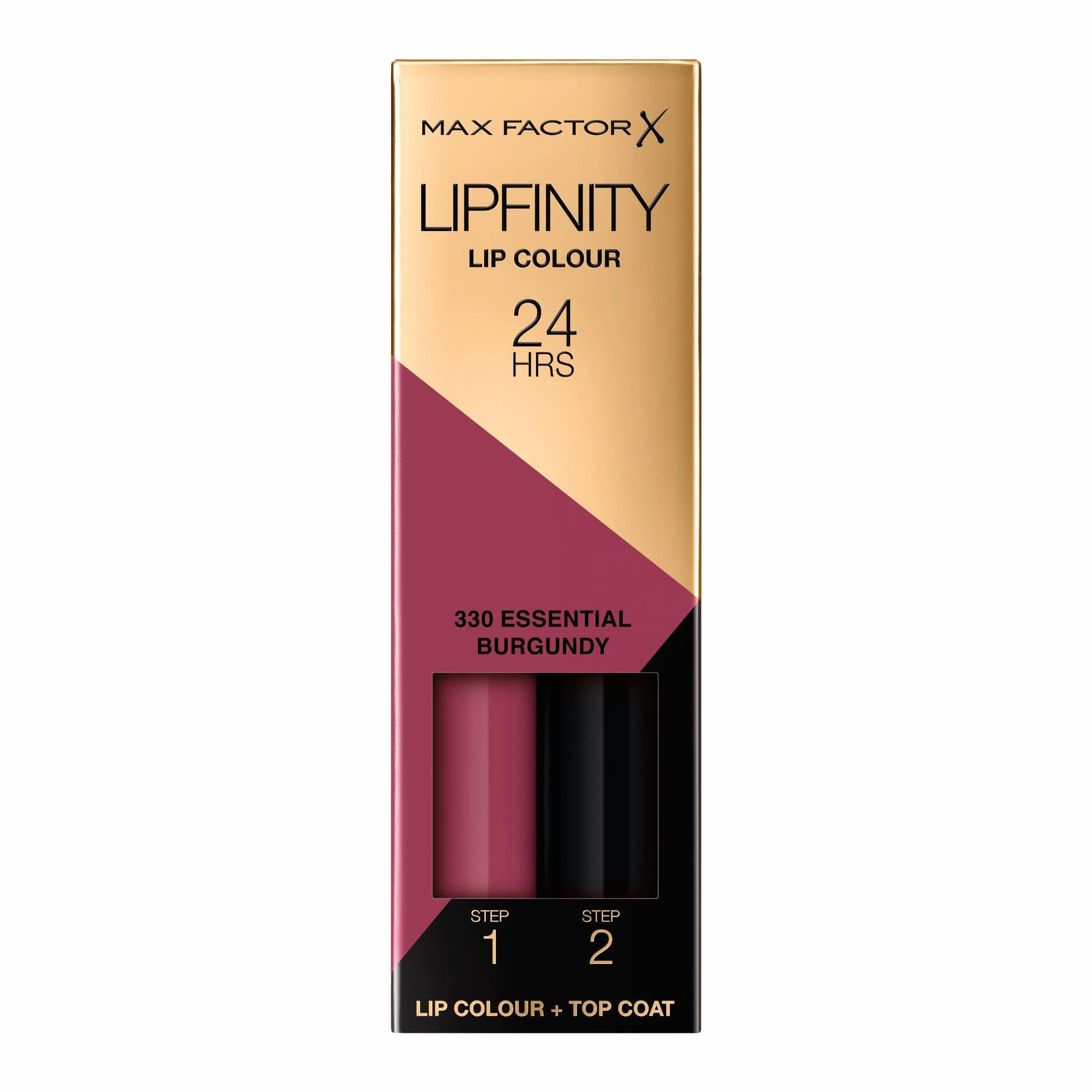 Max Factor Lipfinity Lip Colour Rossetto a Lunga Durata 2 in 1 con Finish Lucido, Rossetto Liquido e Balsamo Idratante per Labbra Morbide e Lucenti - 330 Essential Burgundy, 2,3 ml + 1,9 g