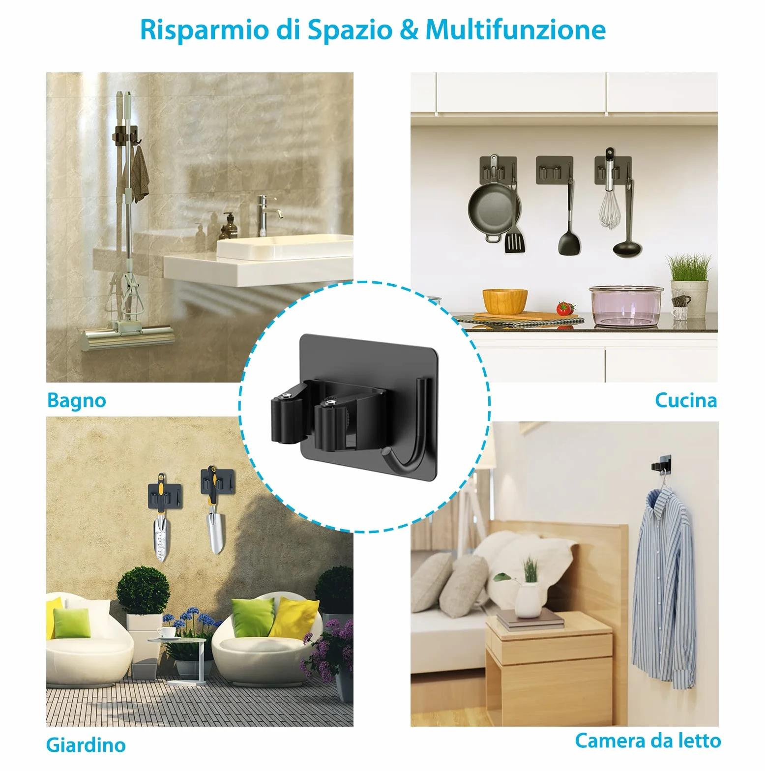 HOMEASY Portascope da Muro Adesivo Appendibile 4 Pezzi, Acciaio Inossidabile per Cucina Bagno Giardino, Nero