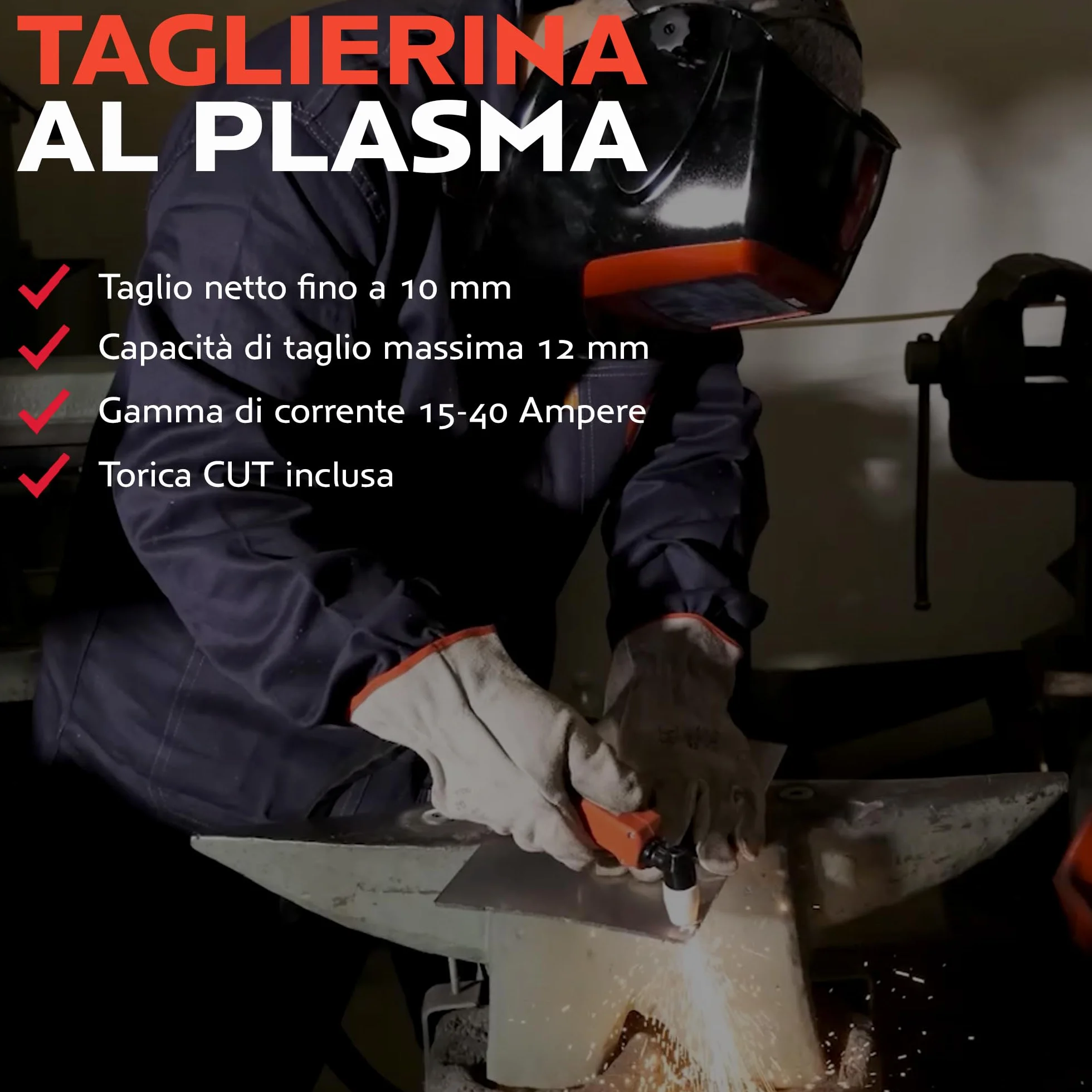 Taglierina al Plasma CUT 40A IGBT TM50CUT, Taglio Netto 10 mm, Torcia e Kit Inclusi