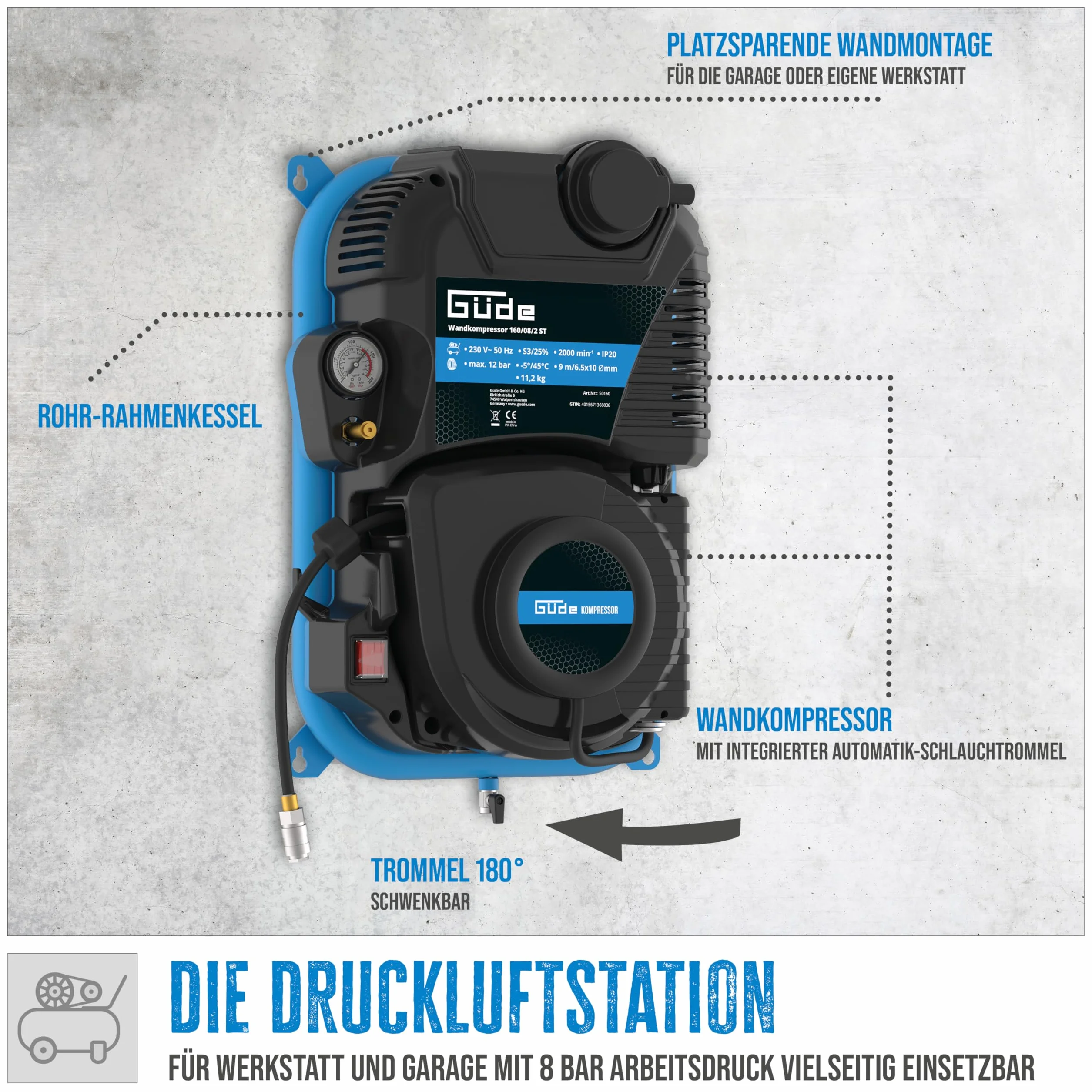 Güde Compressore da parete 160/08/2 ST 1100 W 230 V 8 bar 90 l/min montaggio a parete avvolgitubo automatico