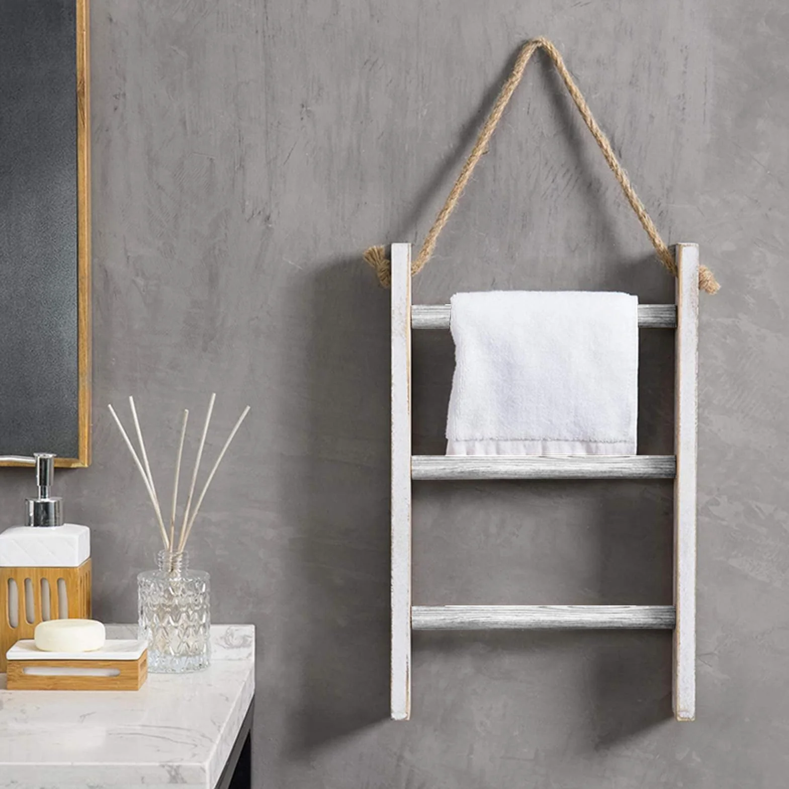 Scala Porta Asciugamani Bagno 3 Livelli Legno 26x5,5x40cm