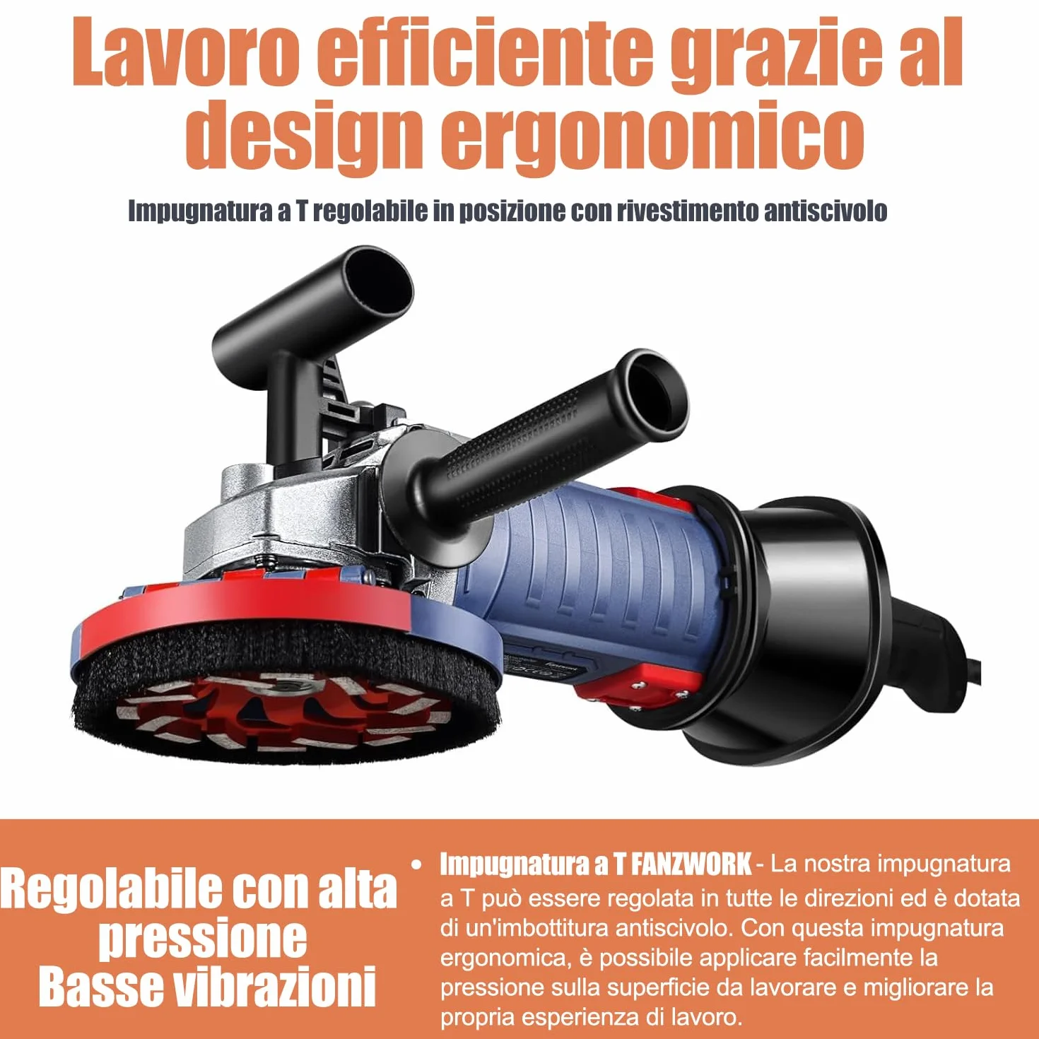 FANZWORK Levigatrice per Cemento 1500W, 2 Dischi Diamantati 125mm, Cappa Antipolvere, Manico a T, Velocità Regolabile