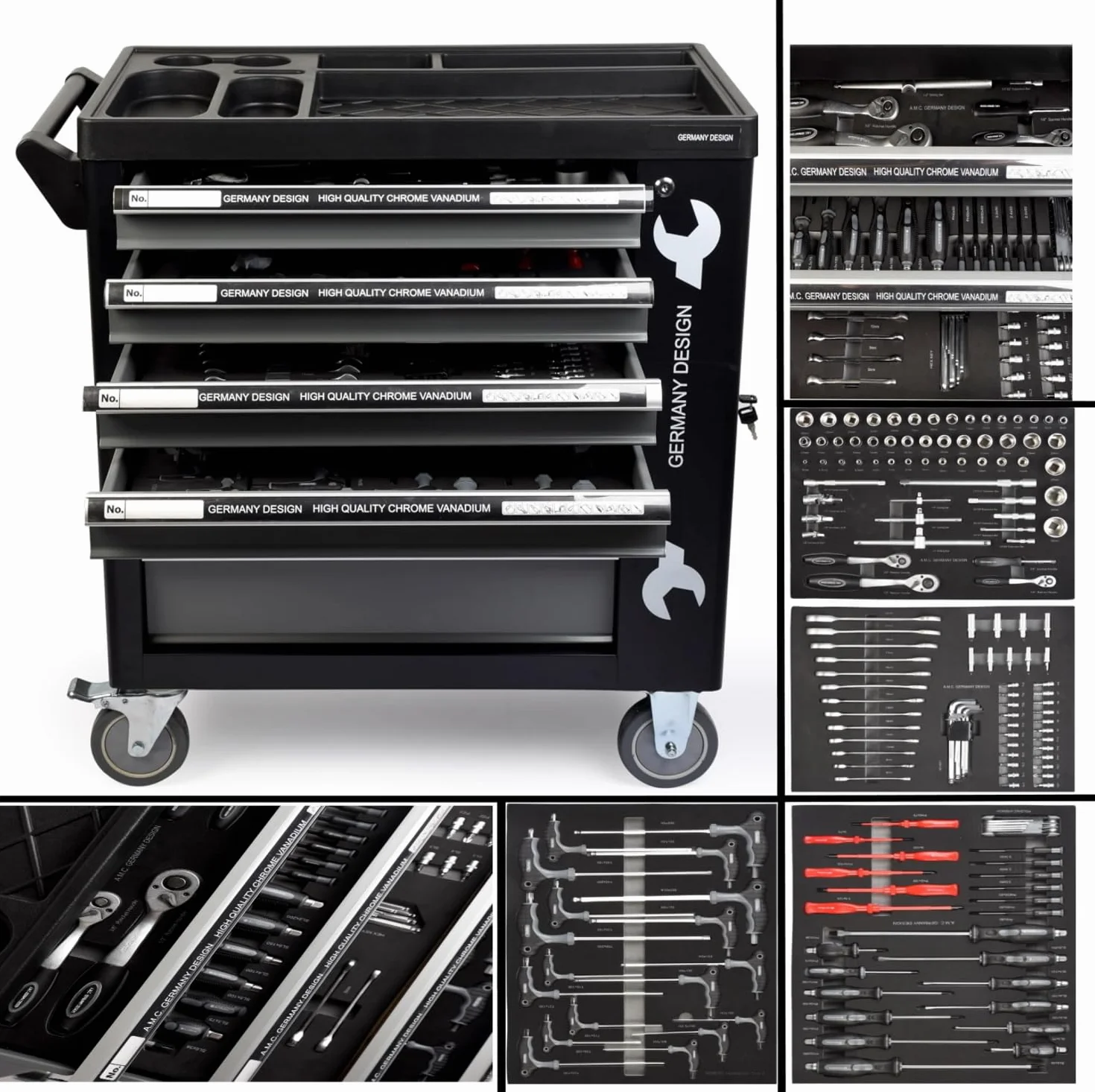 GrecoShop Carrello Attrezzi Portautensili Officina 428 Utensili 6 Cassetti Chiusura a Chiave Organizer Ruote Struttura Rinforzata Carbon Look