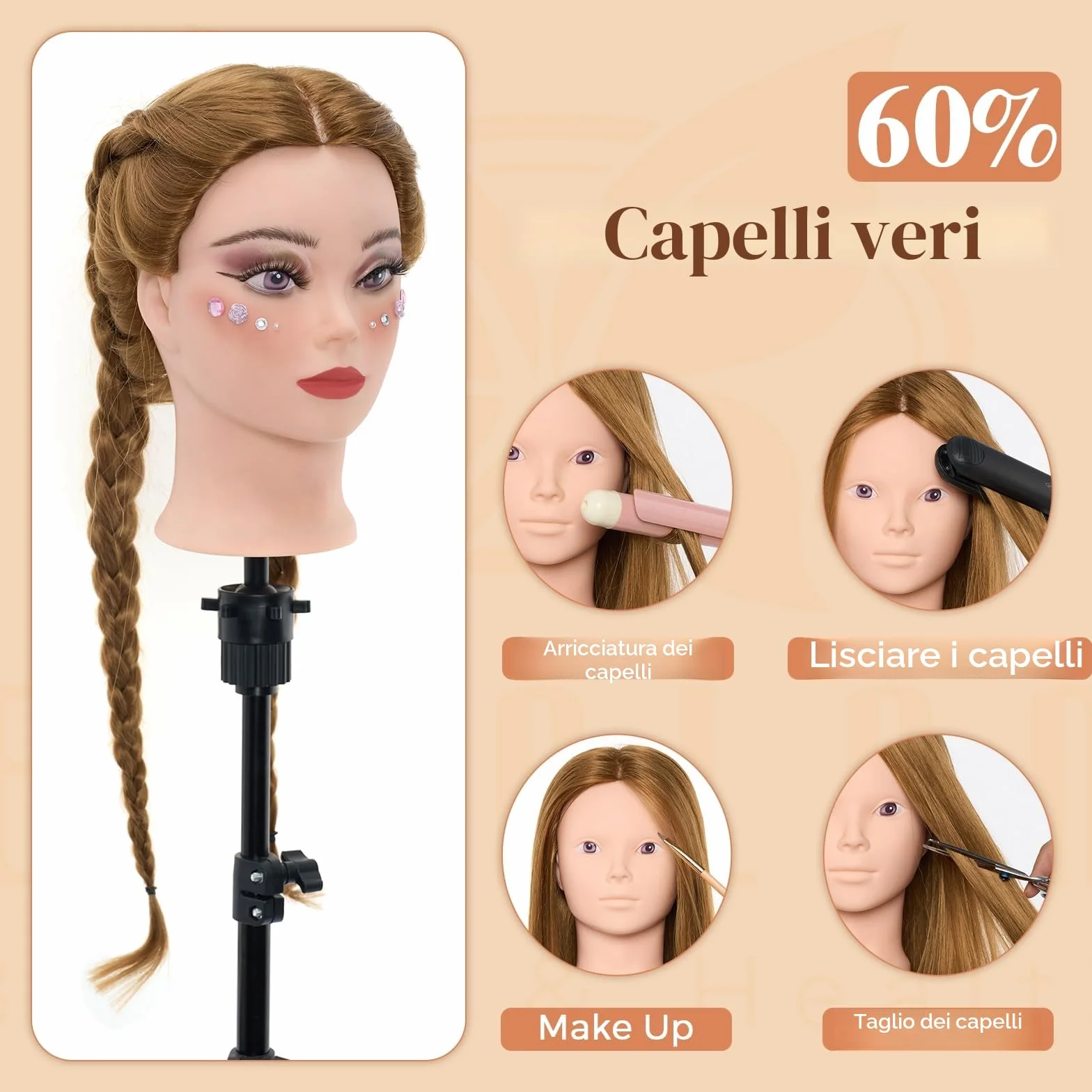 Neverland Testa per Parrucchieri, 28" 60% Capelli Veri Testa Bambola da Truccare e Pettinare Testa Manichino con Supporto Morsetto da Tavolo, Ciglia, Fai da te Capelli Styling Treccia Set