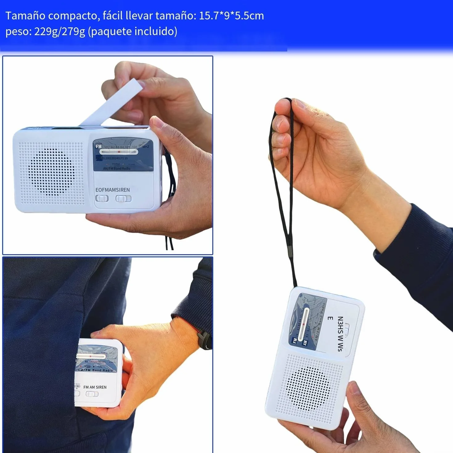 Radio a energia solare a manovella con torcia LED e ricarica cellulare, bianco