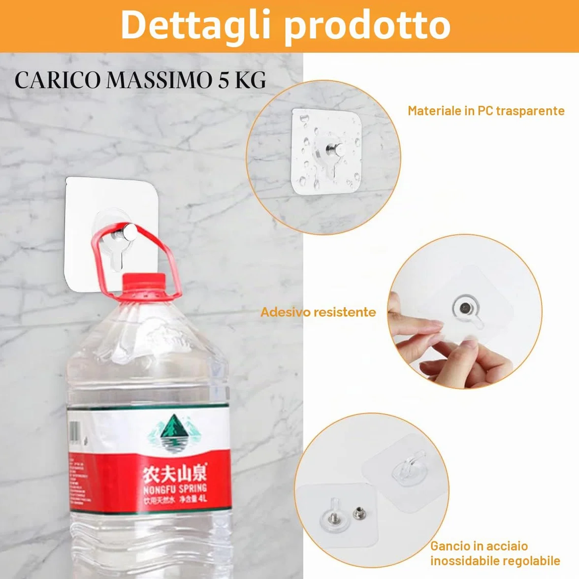 Ganci autoadesivi trasparenti 30 pezzi carico massimo 5 kg per quadri poster foto