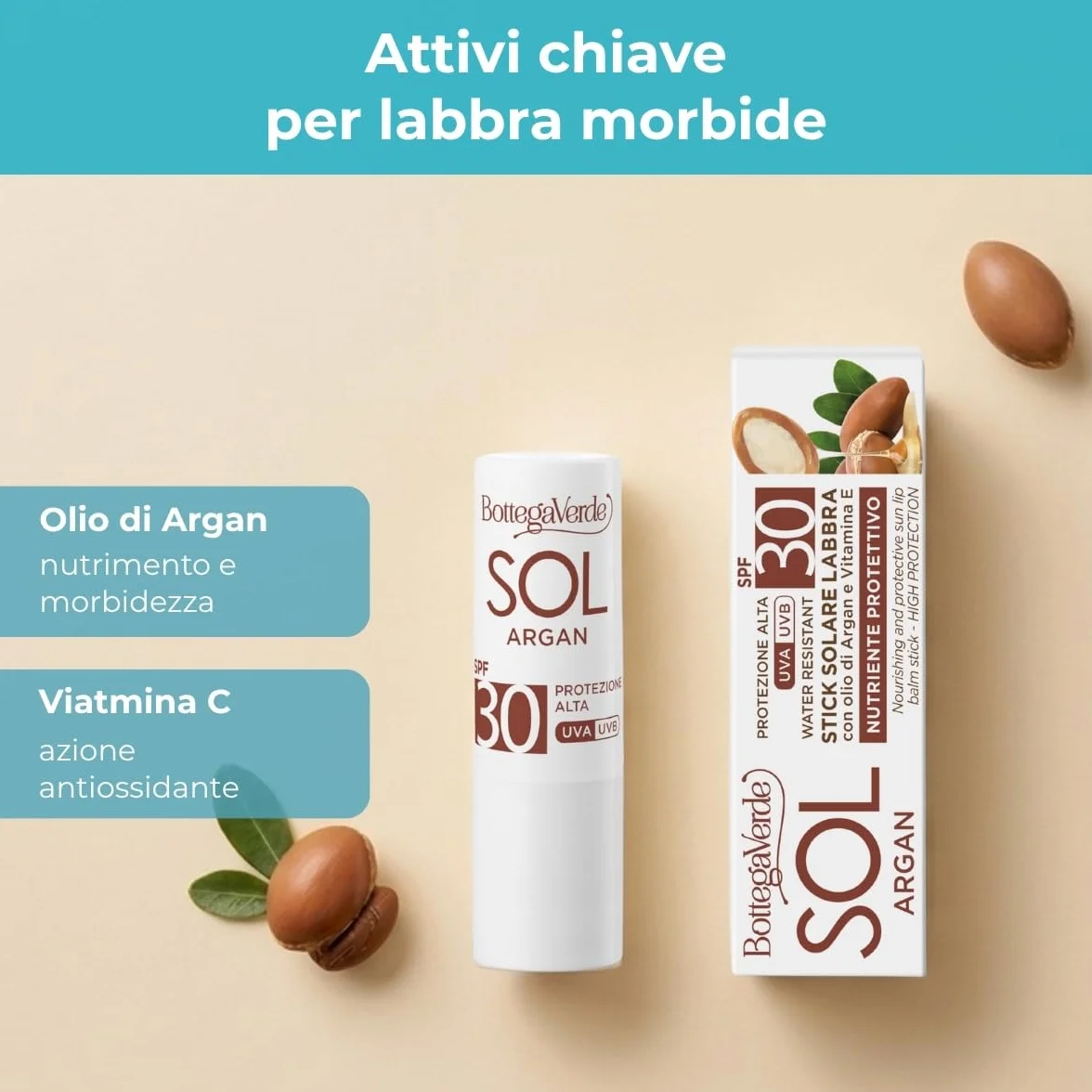 Bottega Verde - Sol Argan, Stick Labbra Solare, 5,5 ml, SPF 30, Arricchito con Olio di Argan e Vitamina C, Nutre e Protegge, con Filtri Solari, Senza Siliconi, Profumo Delicato, Resistente all'Acqua