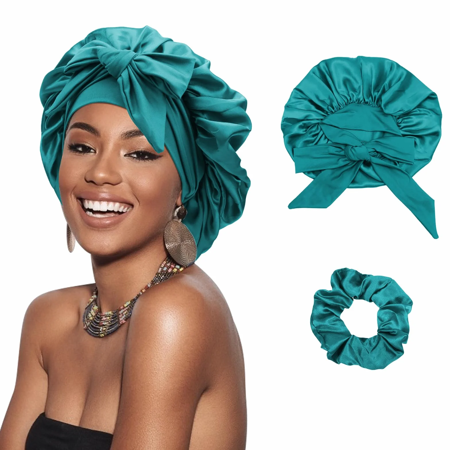 DRESHOW Cuffia con Treccia di Raso per Donna Cuffia di Seta per Dormire Cuffia per Dormire con Fascia Elastica Cuffia da Notte per Capelli Ricci Lunghi Locs