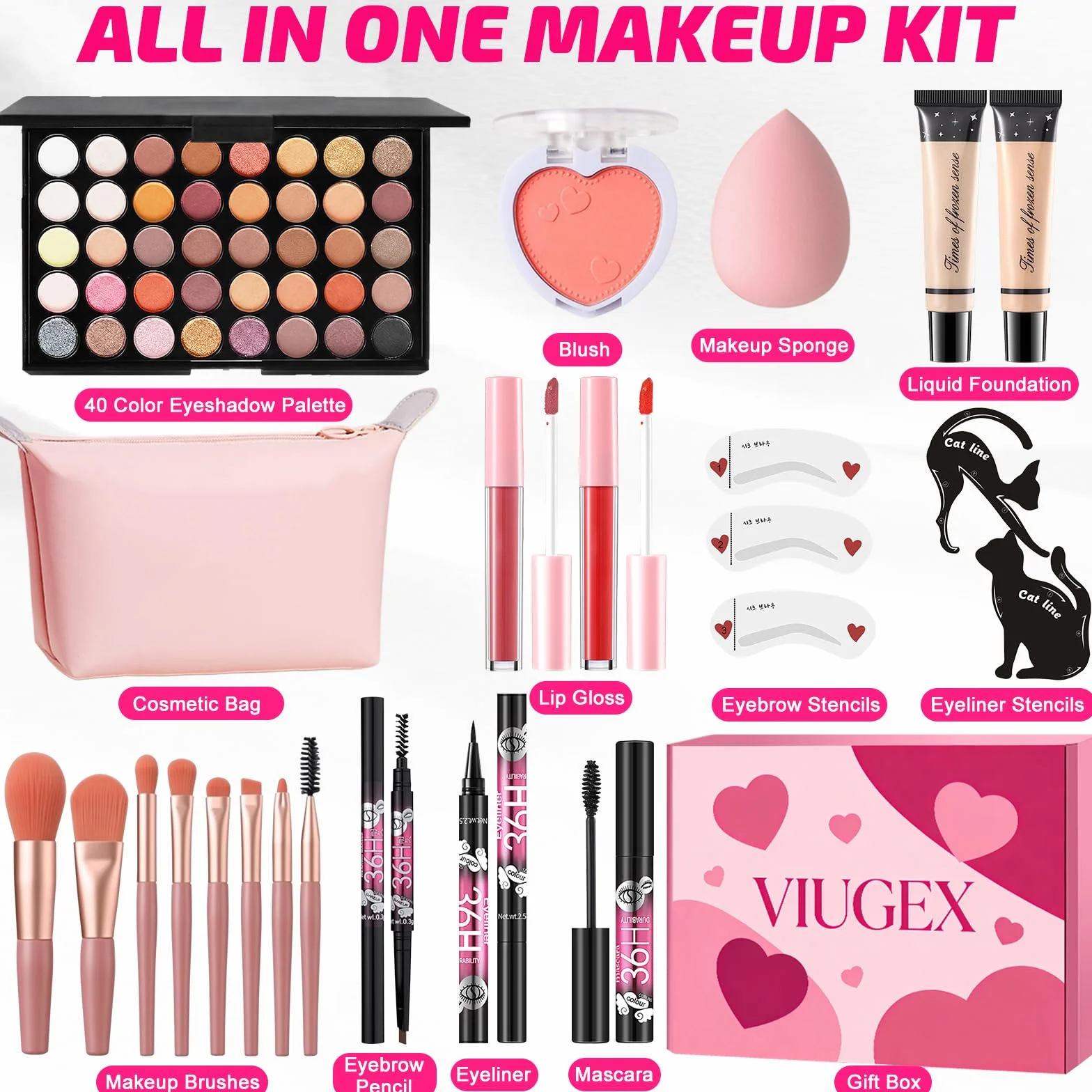 Tutto in Uno Set Trucchi Donna, Kit Trucco Make Up Completo, Trousse Trucchi per Ragazza Adolescente con Palette di Ombretto Liner Occhi Fondotinta Mascara Gloss Labbra Fard Valigetta Trucchi