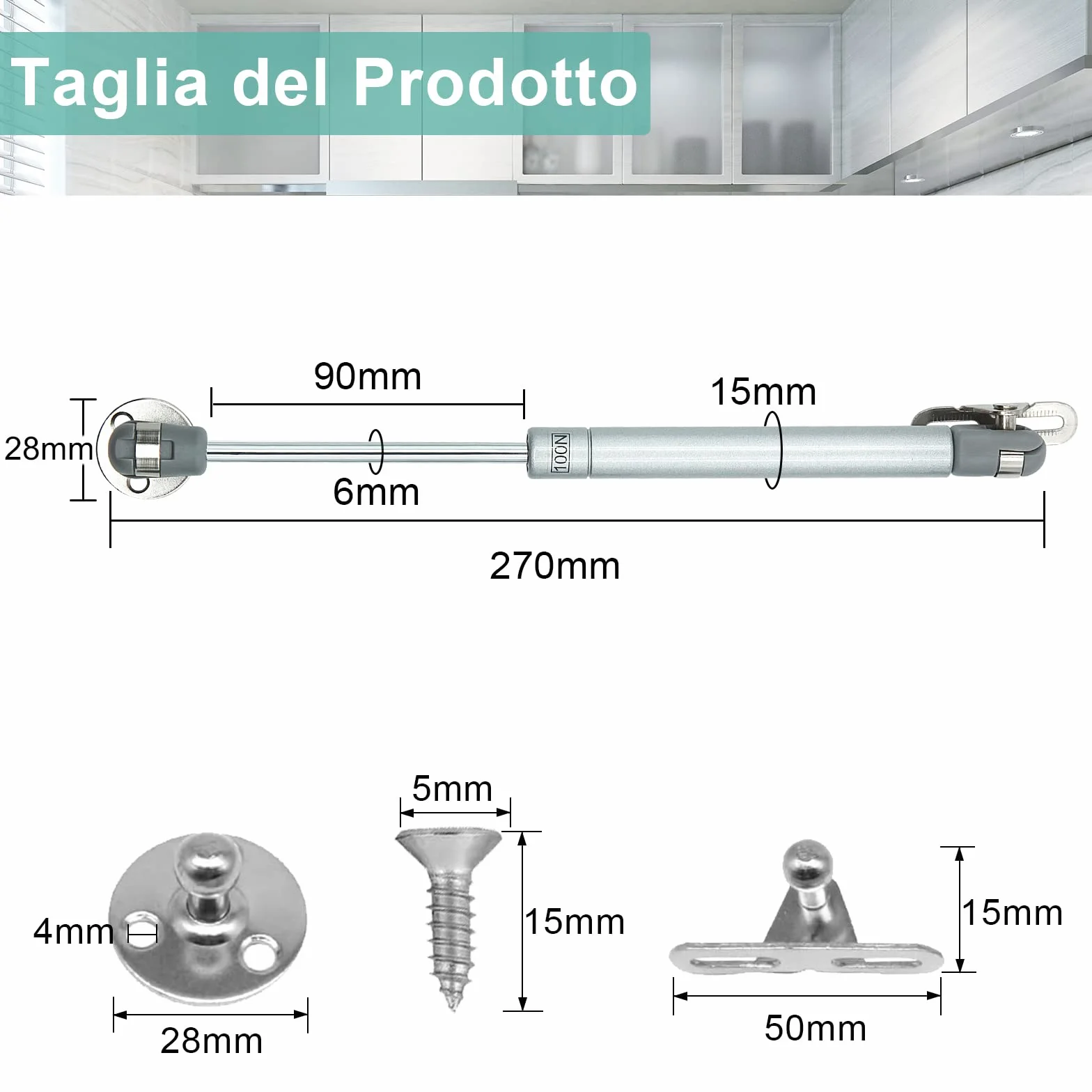Ammortizzatori Molle a Gas per Ante Cucina 100N Pistoni 4 Pezzi Argento