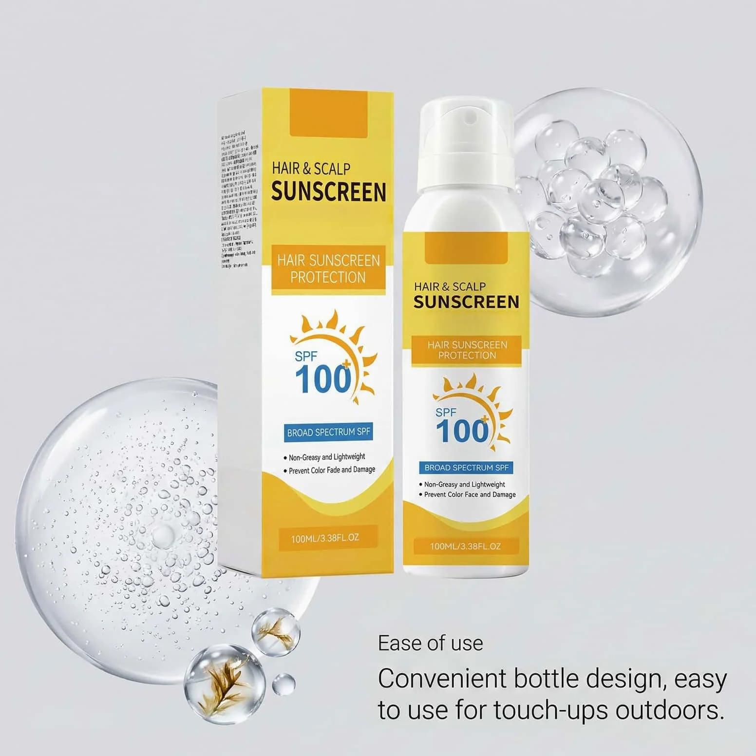 Spray solare SPF 100 per capelli e cuoio capelluto, protezione UV ad ampio spettro; spray leggero e non grasso che previene lo scolorimento dei capelli e i danni del sole, 100 ml (3Pezzo)