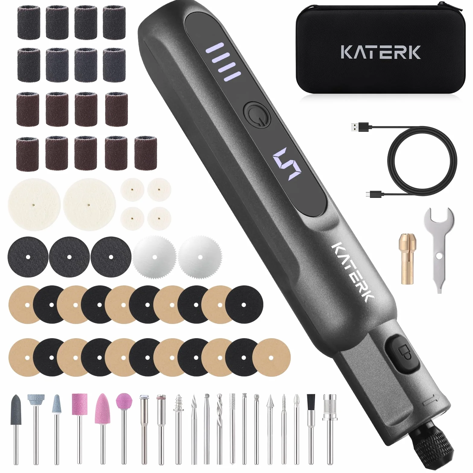 Katerk Kit di Utensile Multifunzione 3.7V Utensile Rotante 20000 giri/min 2500mAh 70 Accessori per Foratura Fresatura Incisione Lucidatura Grigio