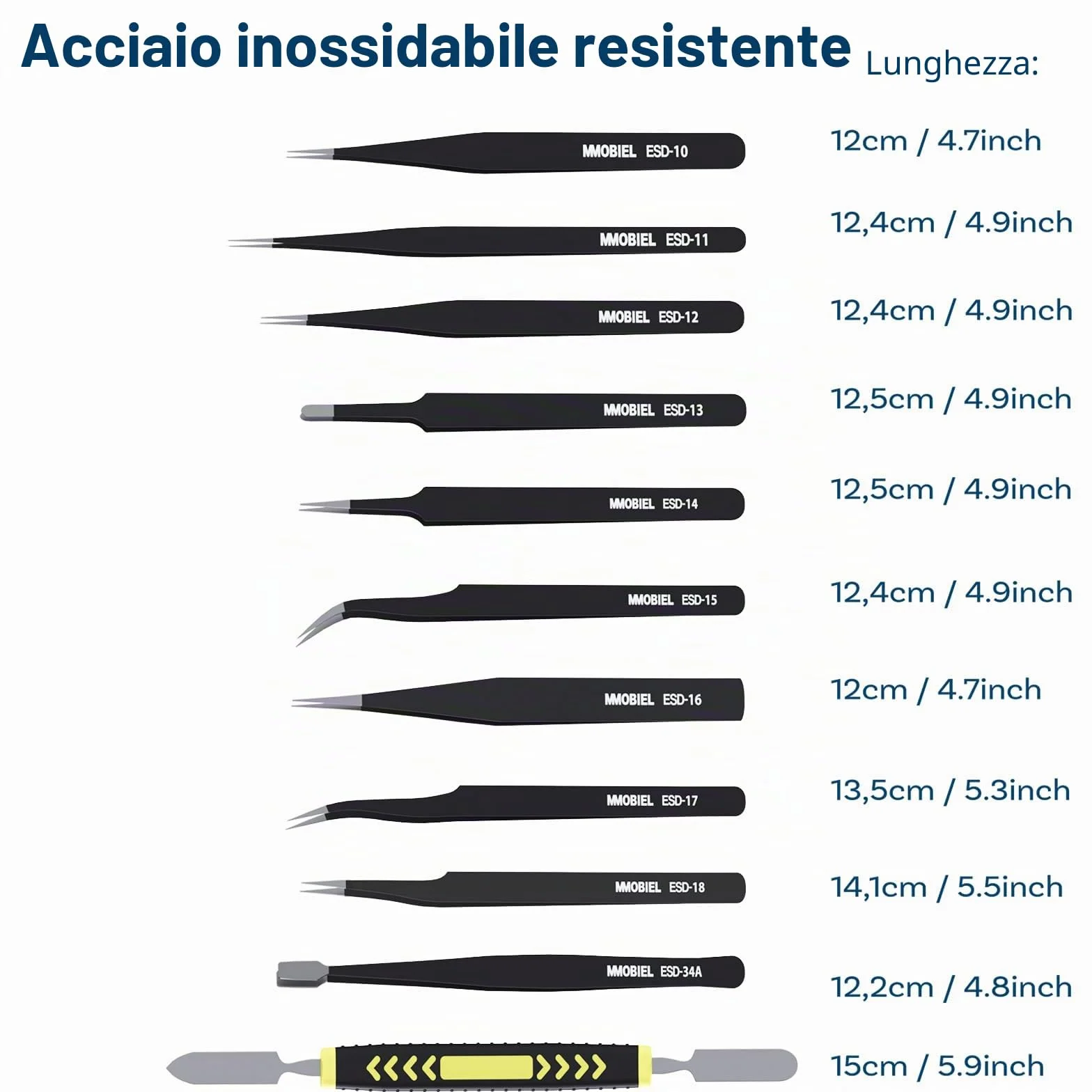 MMOBIEL 10x Pinzette ESD Antistatiche in Acciaio Inox di Precisione per Elettronica, Gioielli, Computer, Laboratorio - con Spatola e Custodia