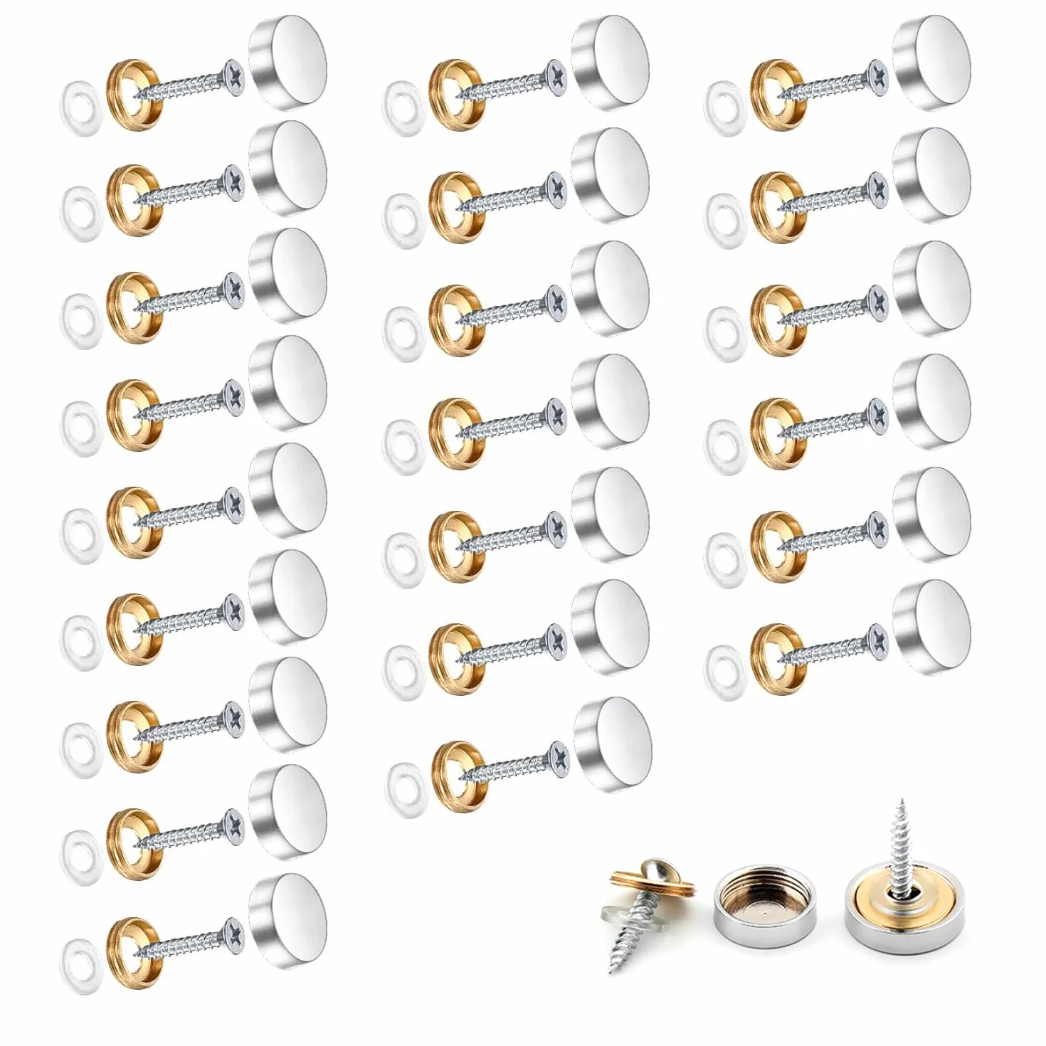 Viti a Specchio da 10mm in Argento con Testa in Ottone, Tappi di Copertura Cromati - 24 Pezzi