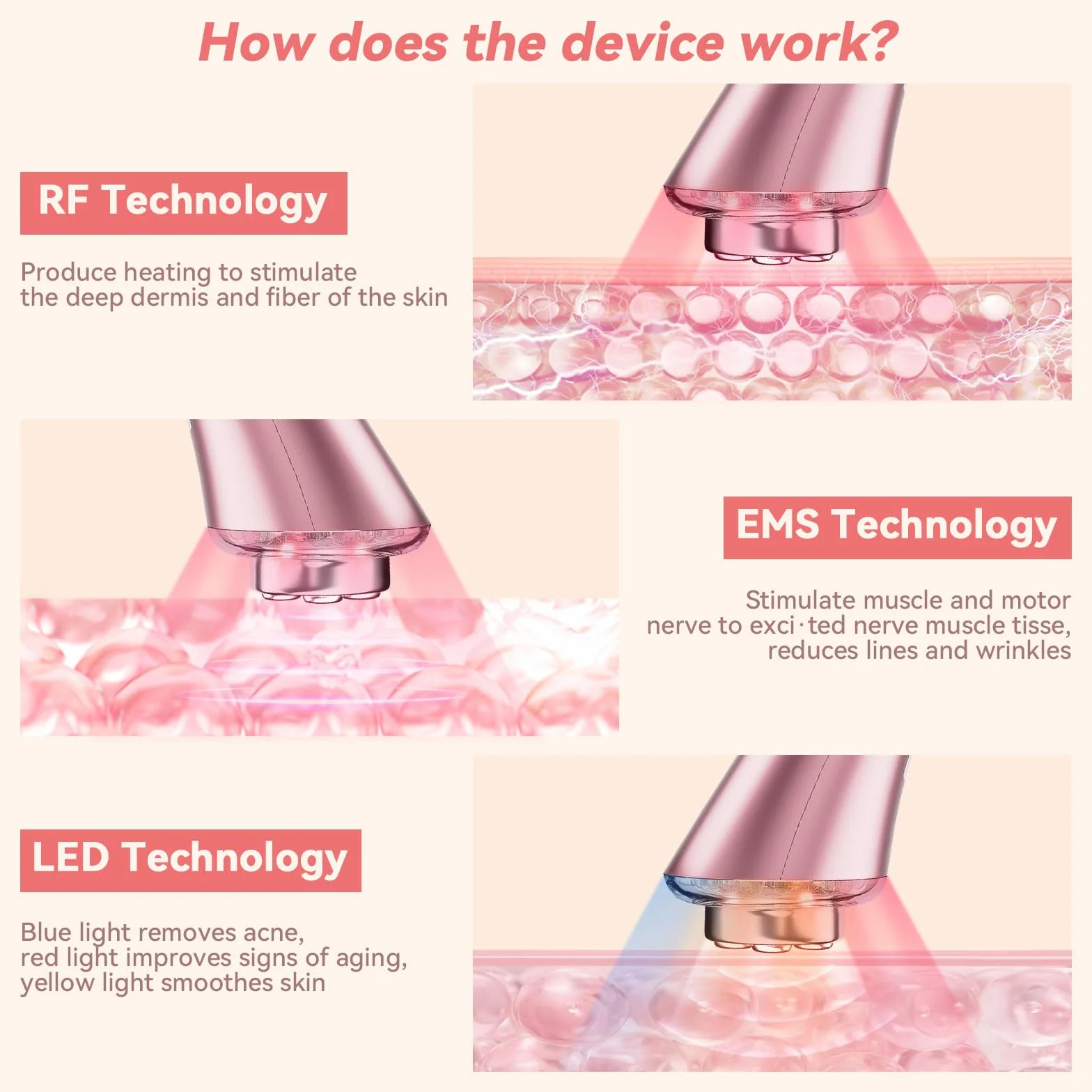 CARER BEAUTY Massaggiatore Viso Radiofrequenza Dispositivo di Bellezza Viso Anti-Rughe con Terapia a 3 Luci LED per Ridurre le Rughe Anti-Invecchiamento e Rassodare la Pelle