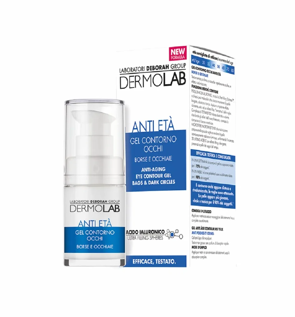 Dermolab - Gel Contorno Occhi Antirughe con Acido Ialuronico, per Tutti i Tipi di Pelle, Minimizza Borse e Occhiaie, Effetto Lifting, Illuminante e Levigante, Rimpolpa la Cute, 15ml