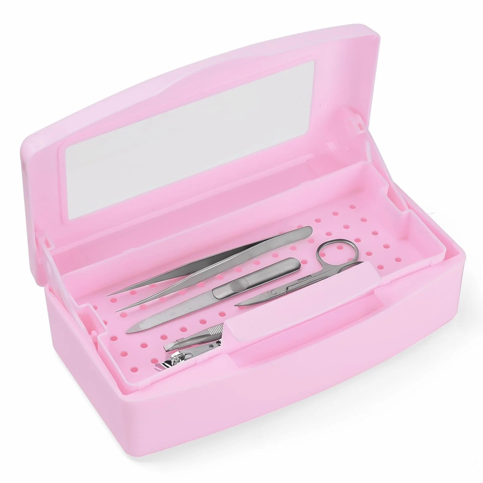 ATOMUS Scatola sterilizzatrice per unghie, vassoio in plastica per sterilizzazione, organizer per pinzette, extension per ciglia, strumenti per l'applicazione delle unghie (rosa)