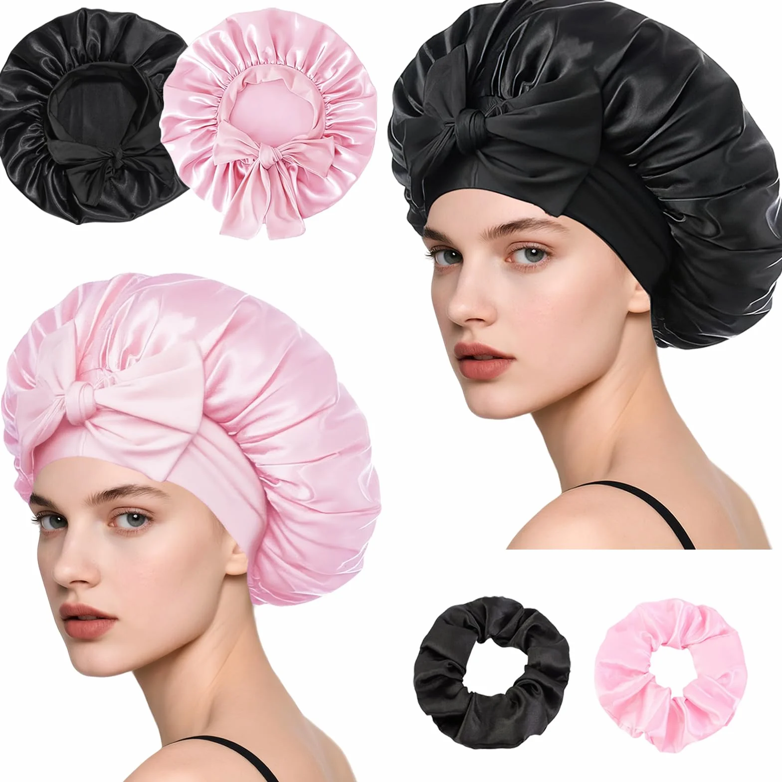 Loomify 2 Pezzi Cuffia Seta Capelli Notte, Bonnets Seta per Capelli Ricci, Cuffia Capelli Ricci Notte per Dormire, Cuffie di Seta con Laccetti per Donna Ragazza (Nero/Rosa)