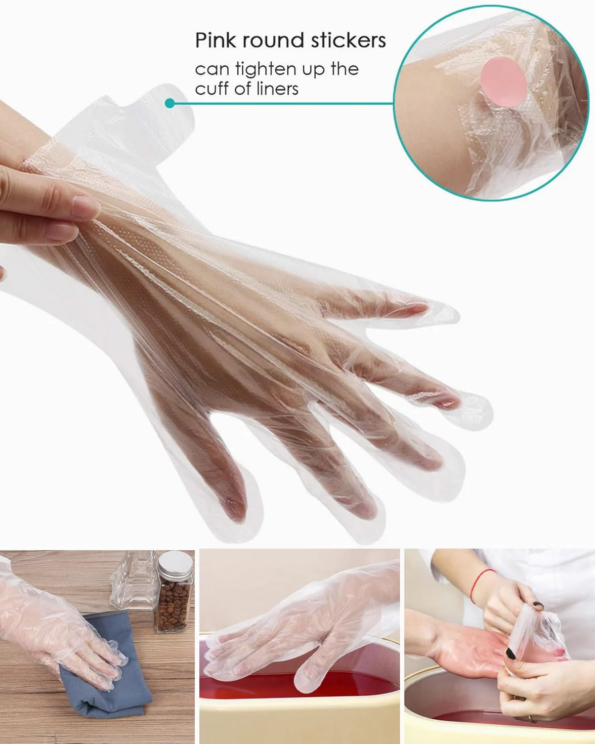 100 pcs guanti in paraffina,inserti per i tamponi del bagno di paraffina, guanti in plastica trasparente per il trattamento con cera a caldo del salone di colorazione dei capelli