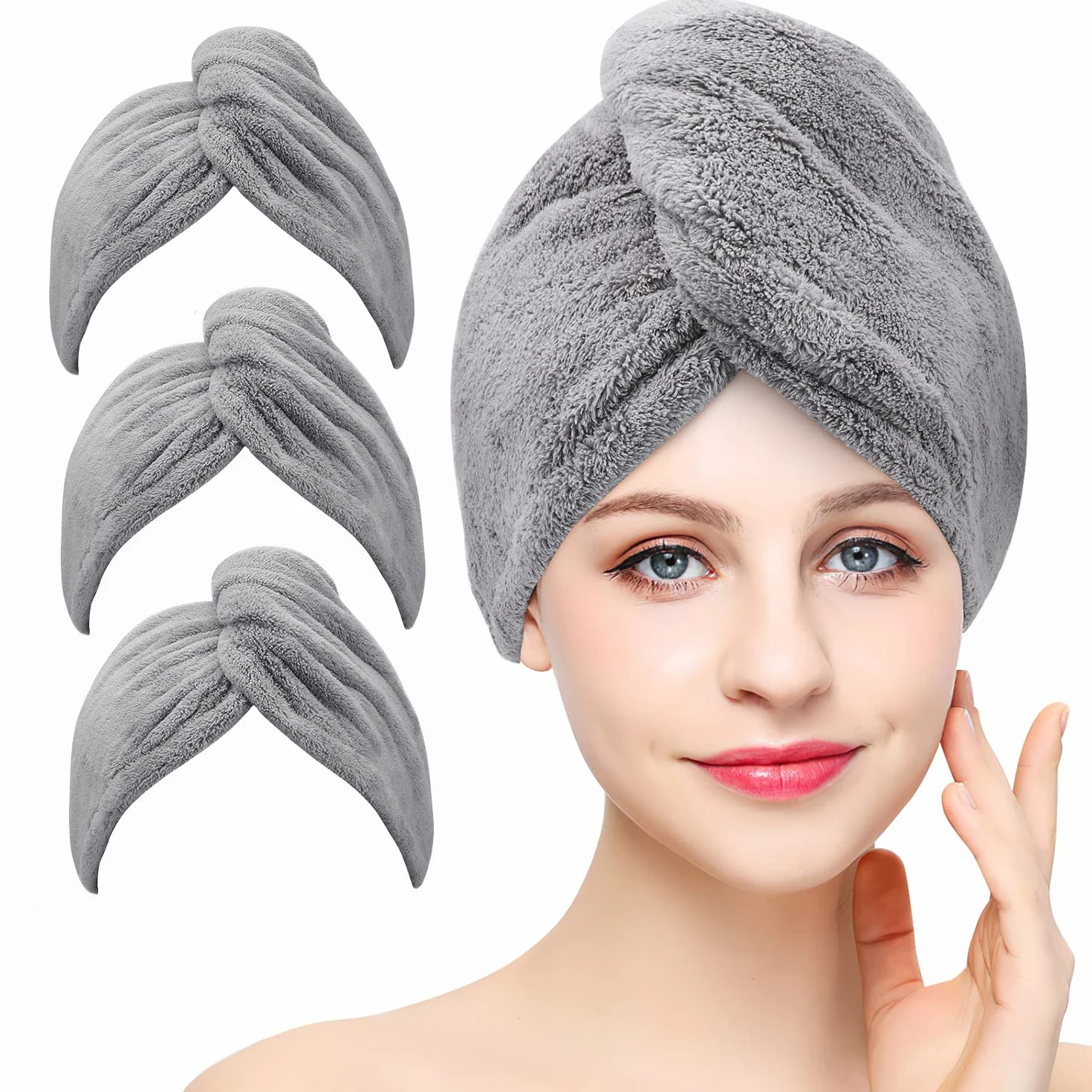 Laicky Confezione da 3 asciugamani in microfibra per asciugare i capelli super assorbenti turbante ad asciugatura rapida con bottoni chiusura a strappo per il bagno cappello per capelli asciutti