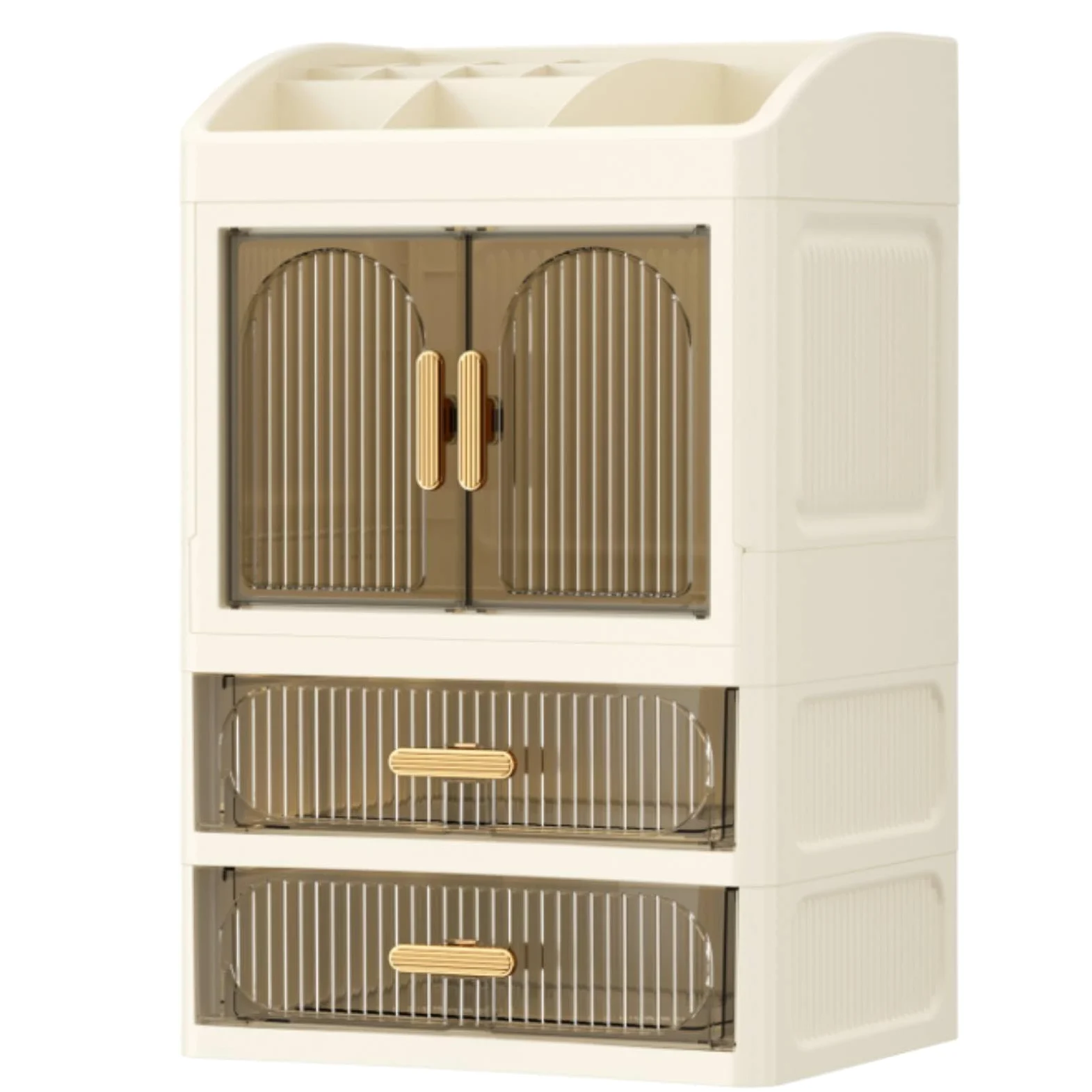 Vanity Organizer Porta Cosmetici Contenitore Trucco Organizer da Tavolo Cassettiera Make Up in Plastica con Top Inclinato Scomparti a Antipolvere, style to 1, 23x19x29cm
