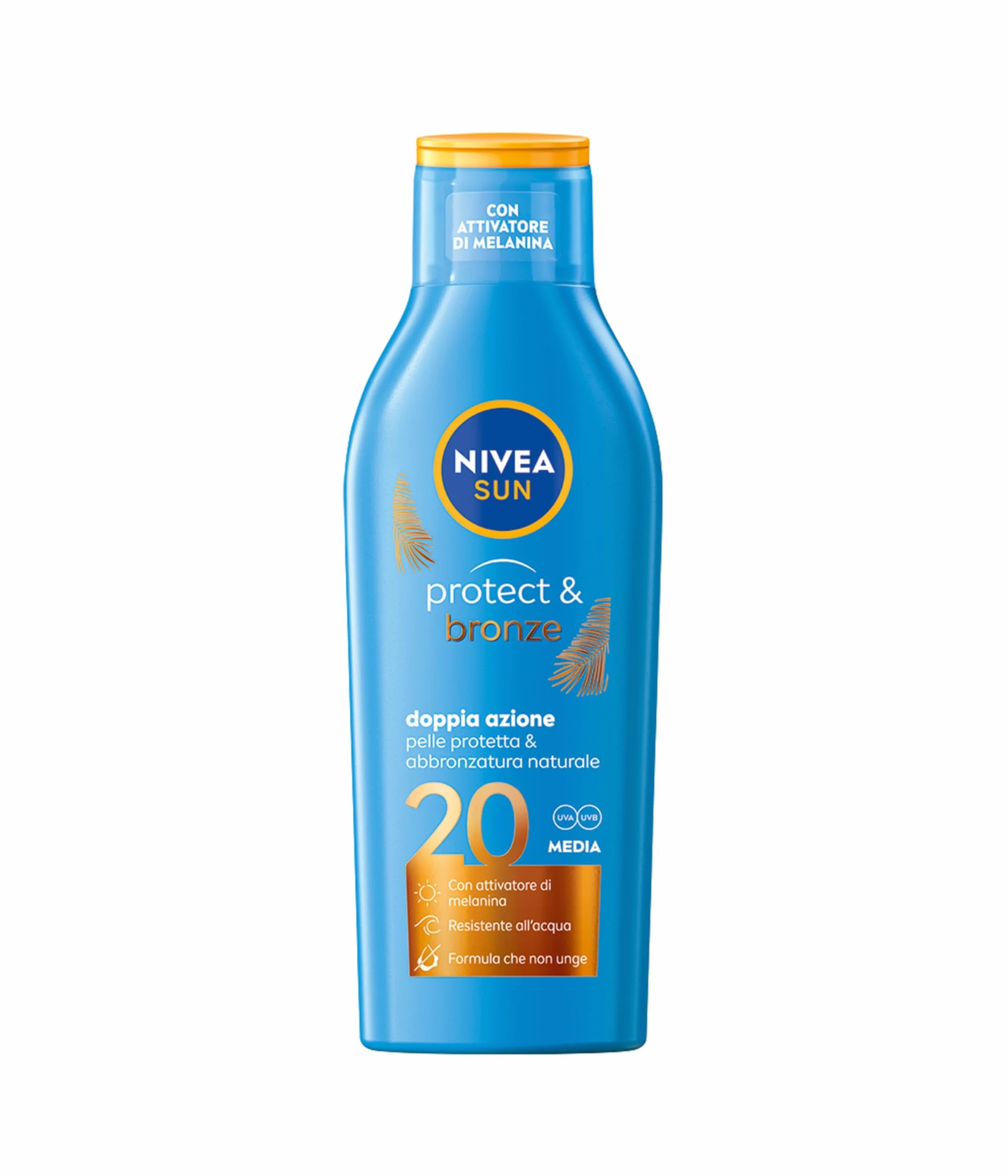 NIVEA SUN Latte Solare Protect & Bronze FP 20 200 ml, Crema solare 20 per un'abbronzatura dorata, intensa e uniforme, Protezione solare 20 con attivatore di melanina