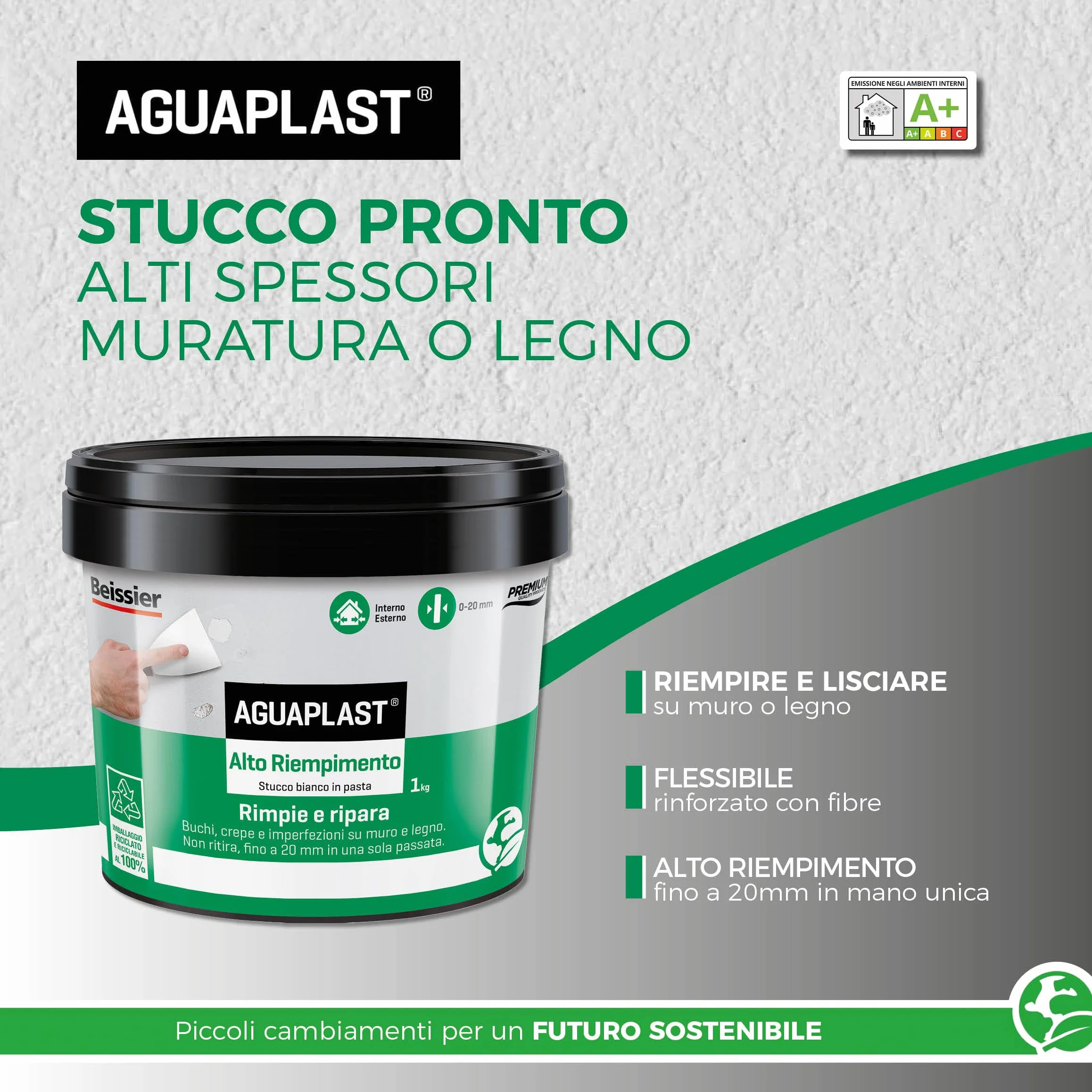 Aguaplast Stucco Alto Riempimento per Buchi e Crepe Muro 1kg Riempitivo Fino a 2cm Senza Ritiro Rinforzato con Fibre