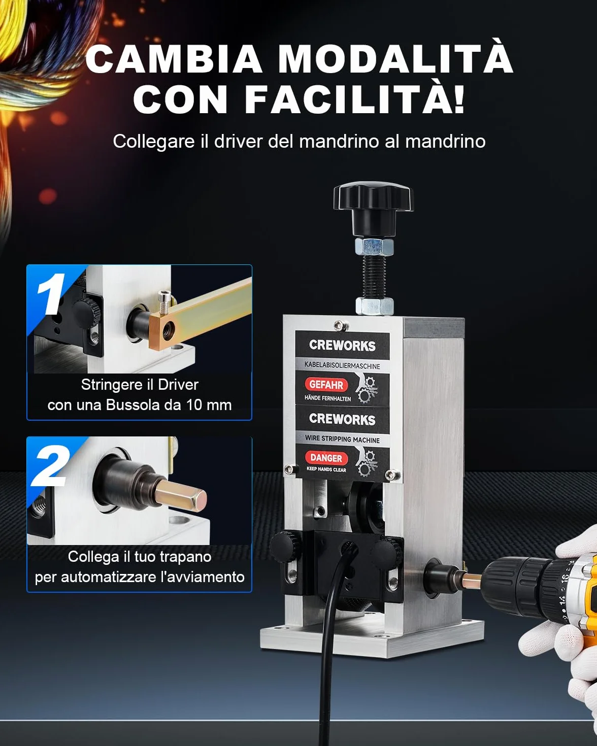 CREWORKS Macchina Spellacavi Manuale Professionale 3 Piastre Foro 5 Canali Cavi Φ1.5-25mm Recupero Rame