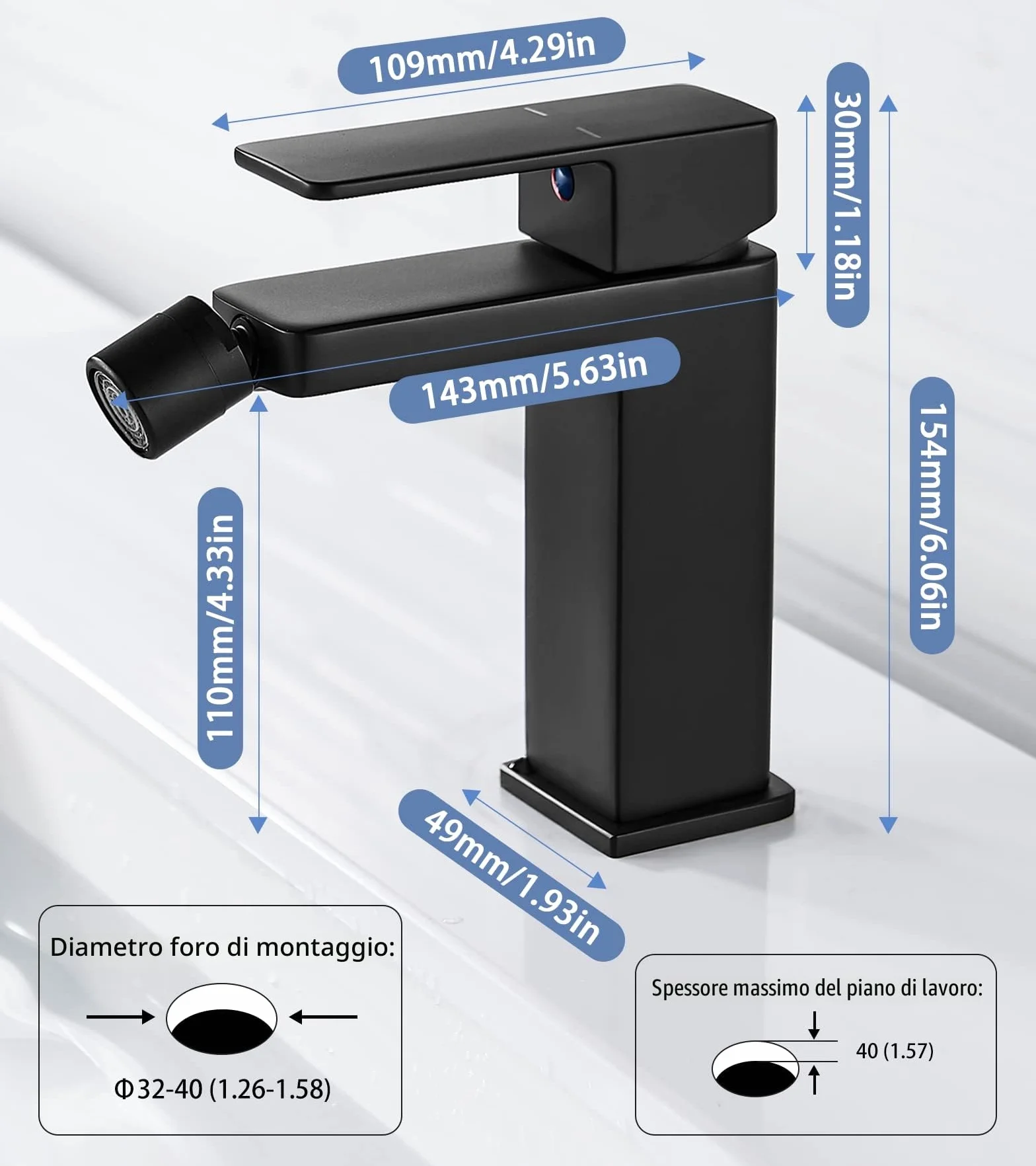 Rubinetto Bidet Nero Monocomando in Ottone con Bocca Girevole Staccabile G3/8